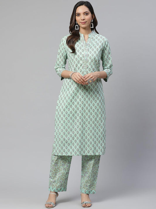 Jamal Jamaloo Sea Green Cotton Printed Kurti Pant Set - Jamal Jamaloo