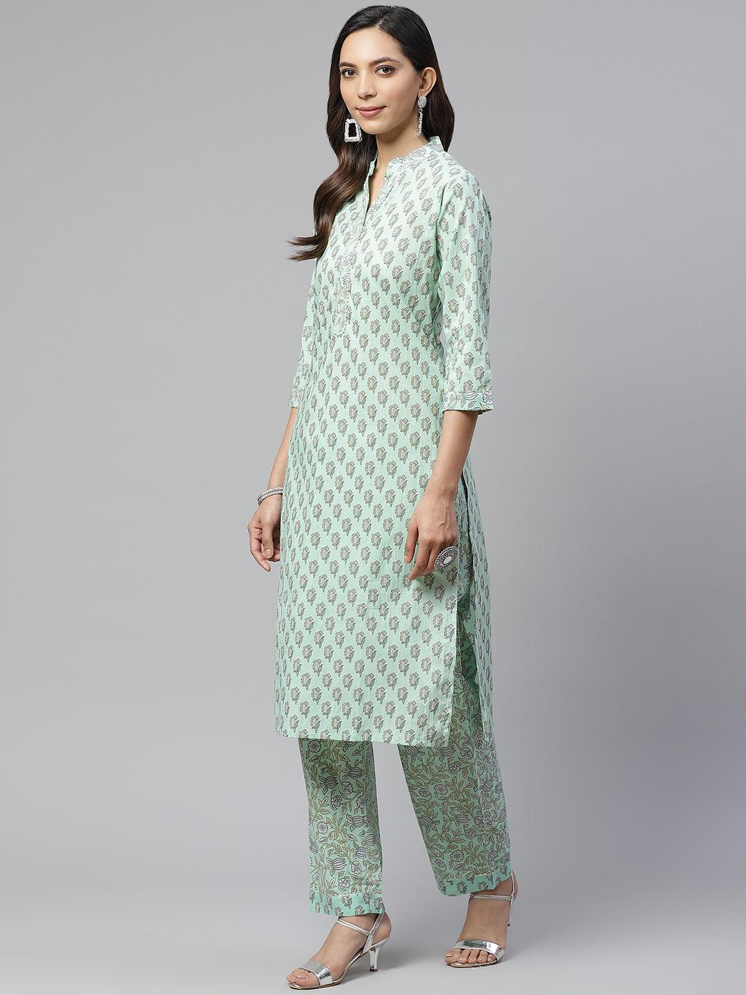 Jamal Jamaloo Sea Green Cotton Printed Kurti Pant Set - Jamal Jamaloo