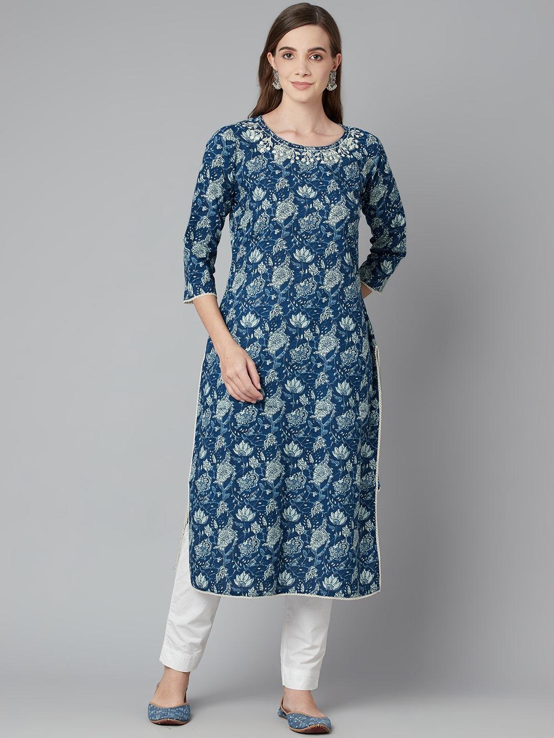 Jamal Jamaloo Blue Floral Straight kurta - Jamal Jamaloo