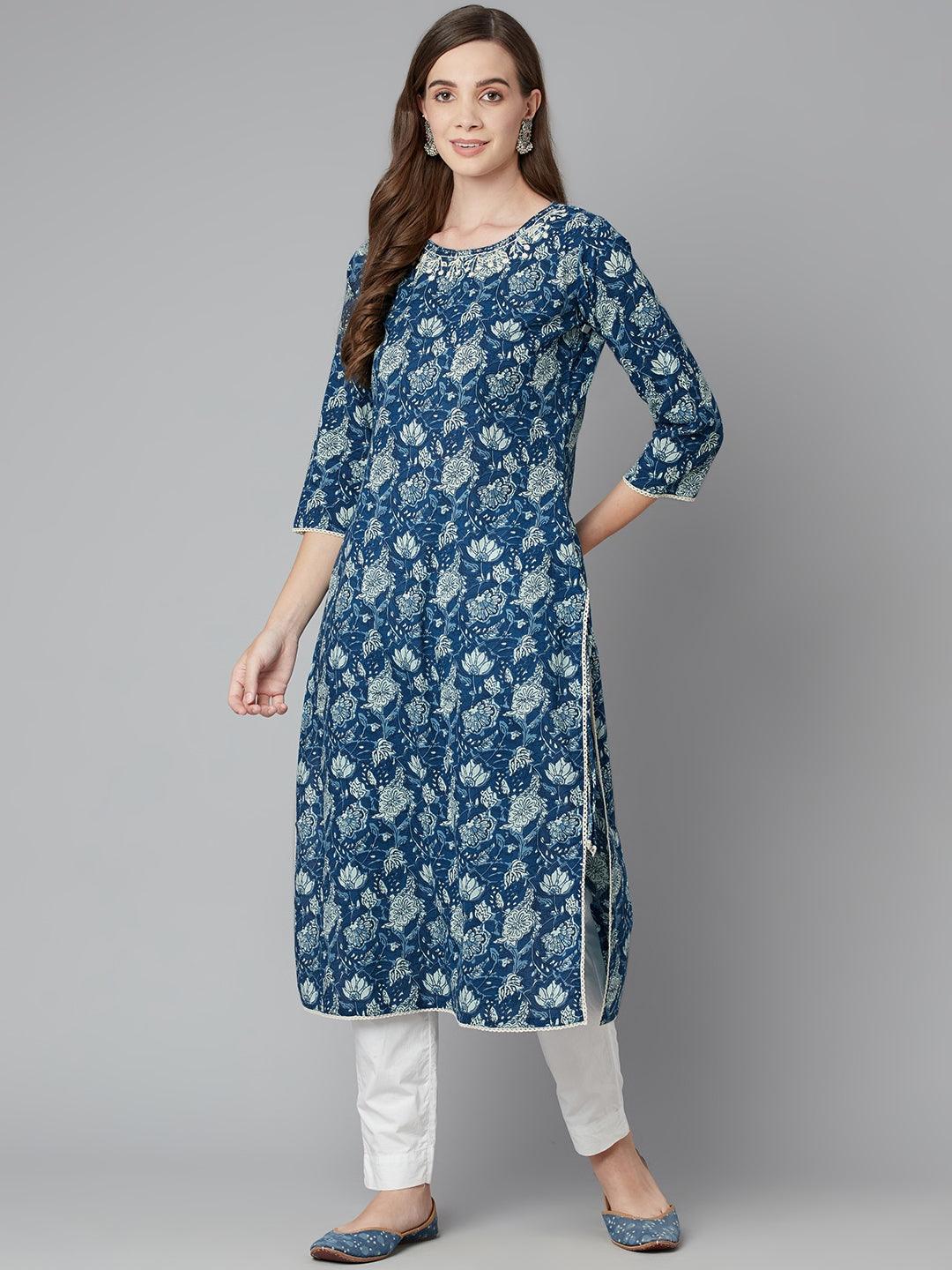 Jamal Jamaloo Blue Floral Straight kurta - Jamal Jamaloo