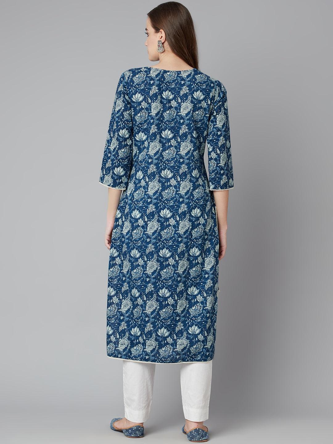 Jamal Jamaloo Blue Floral Straight kurta - Jamal Jamaloo