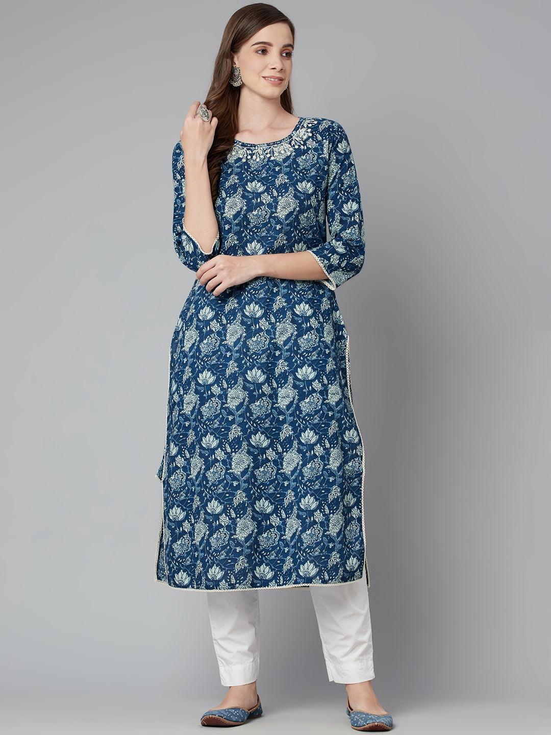 Jamal Jamaloo Blue Floral Straight kurta - Jamal Jamaloo