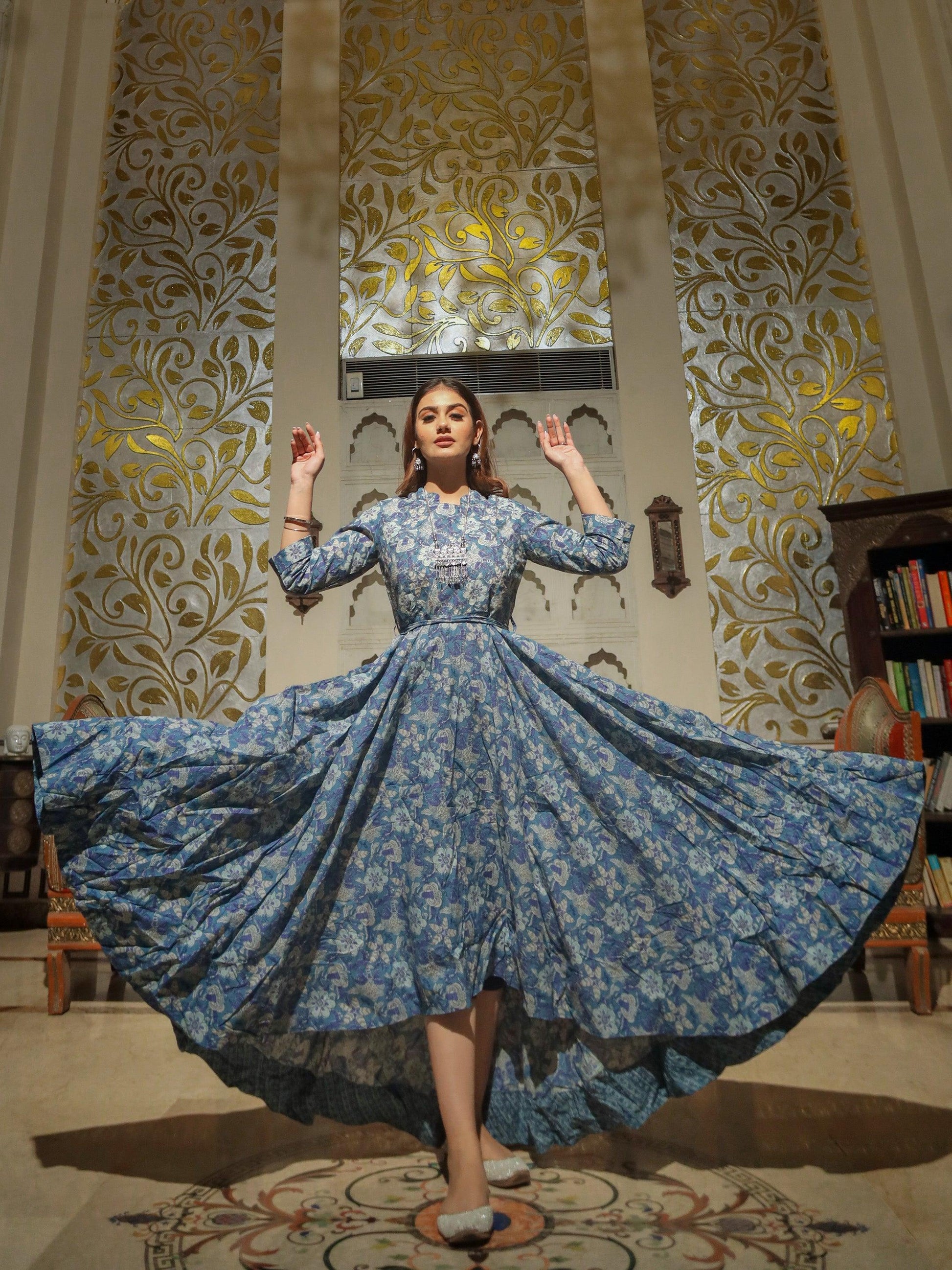 Jamal Jamaloo Indigo Blue High Low Flared Kurta with Belt - Jamal Jamalooworld.com
