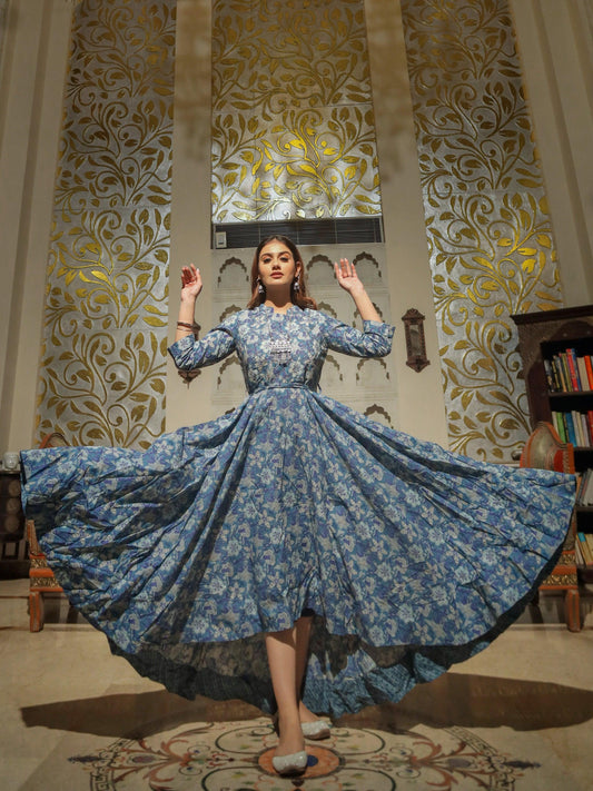 Jamal Jamaloo Indigo Blue High Low Flared Kurta with Belt - Jamal Jamalooworld.com
