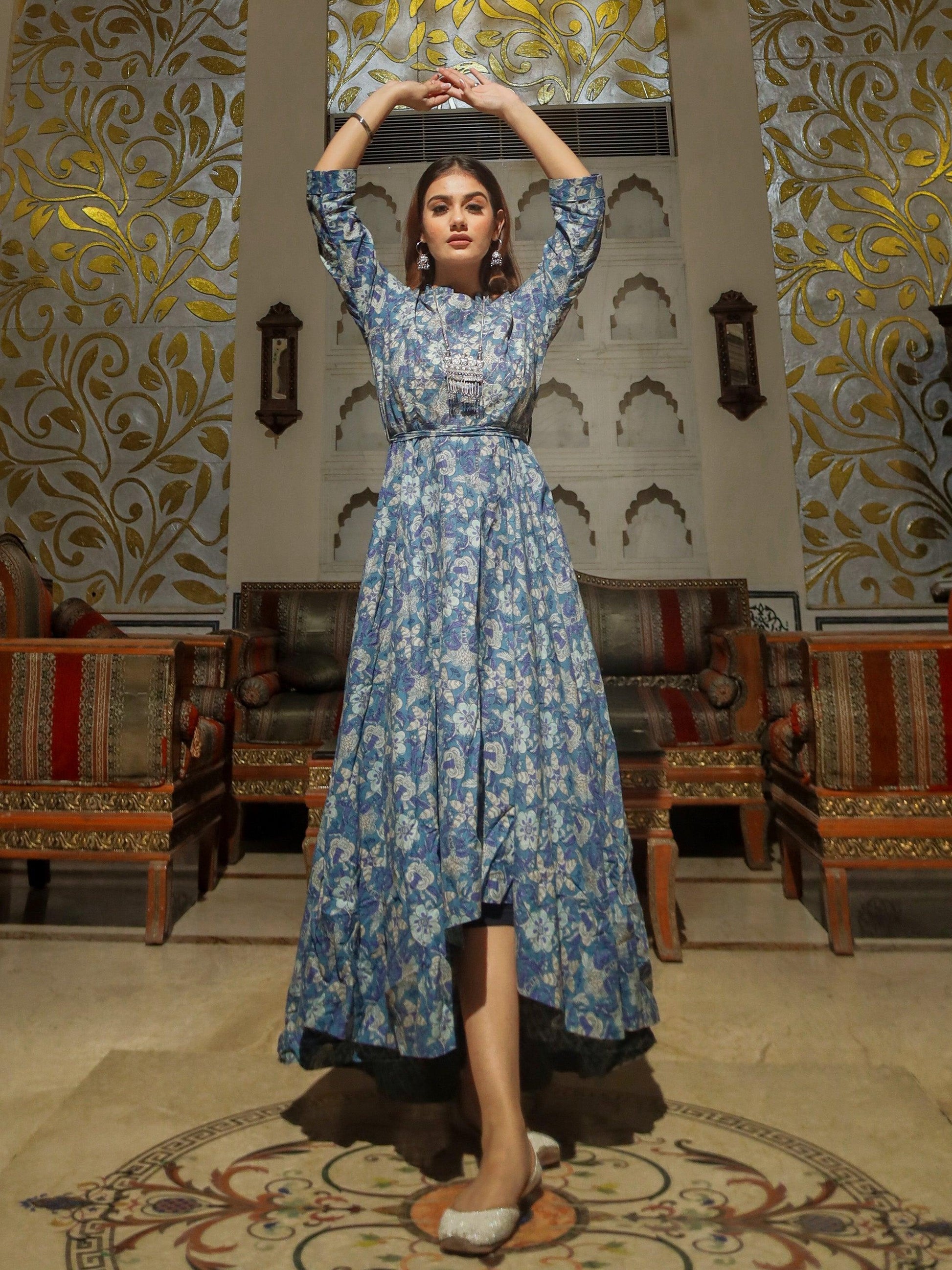 Jamal Jamaloo Indigo Blue High Low Flared Kurta with Belt - Jamal Jamalooworld.com