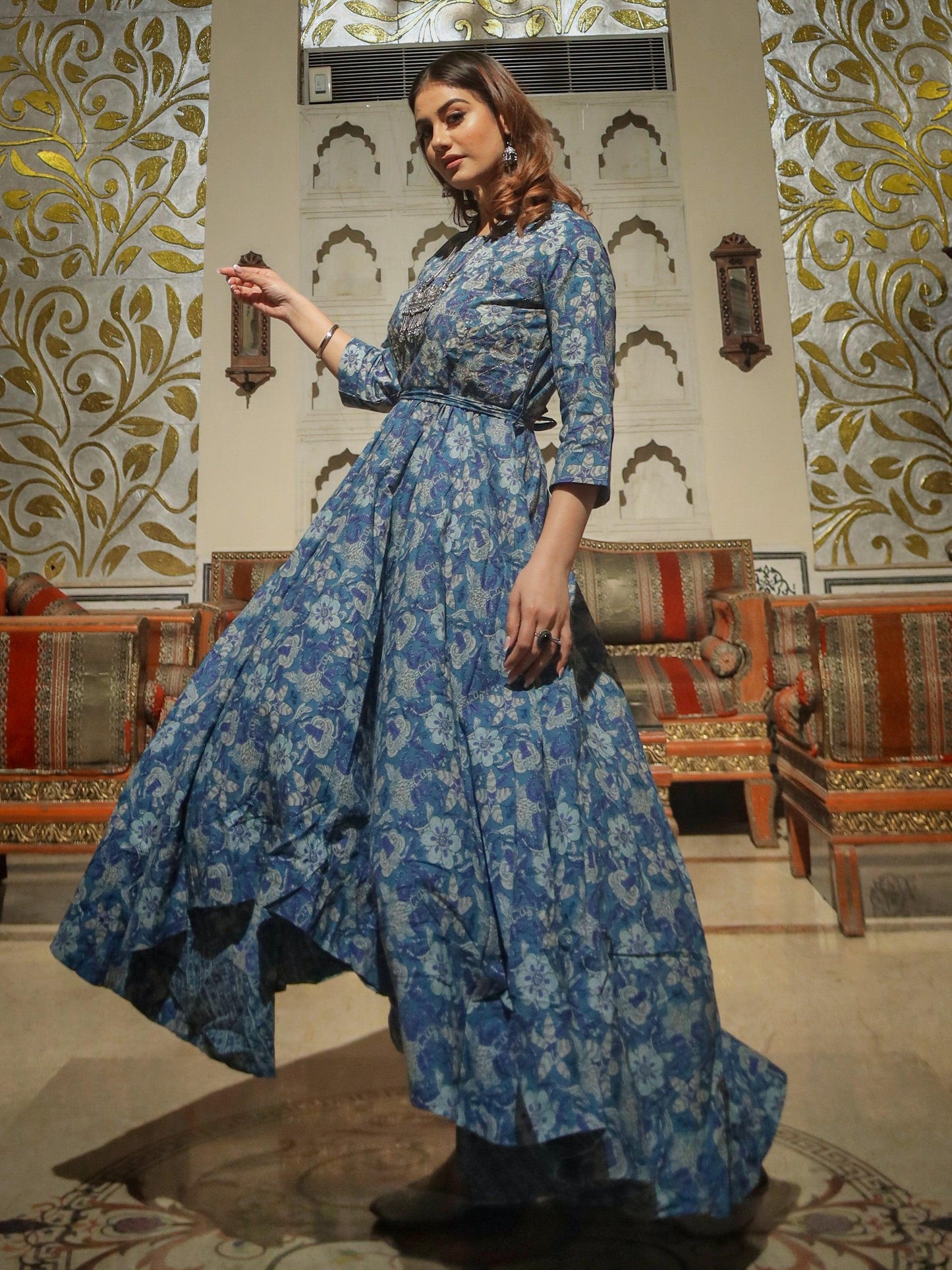 Jamal Jamaloo Indigo Blue High Low Flared Kurta with Belt - Jamal Jamalooworld.com