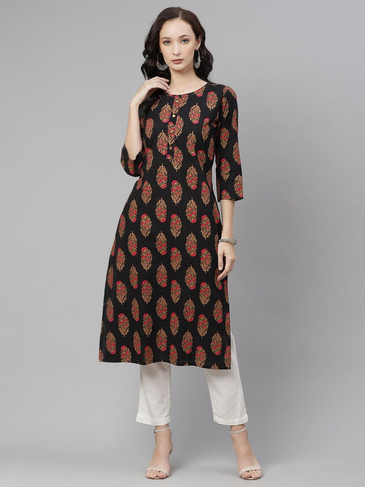Jamal Jamaloo Black Floral Print Cotton Straight Kurta - Jamal Jamaloo