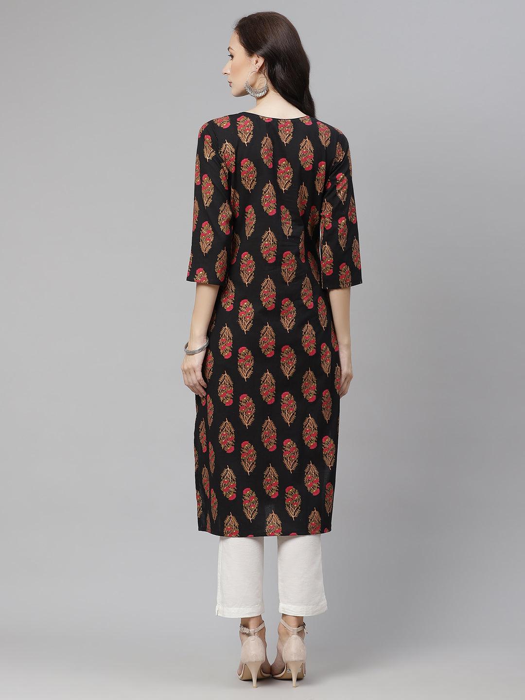 Jamal Jamaloo Black Floral Print Cotton Straight Kurta - Jamal Jamaloo