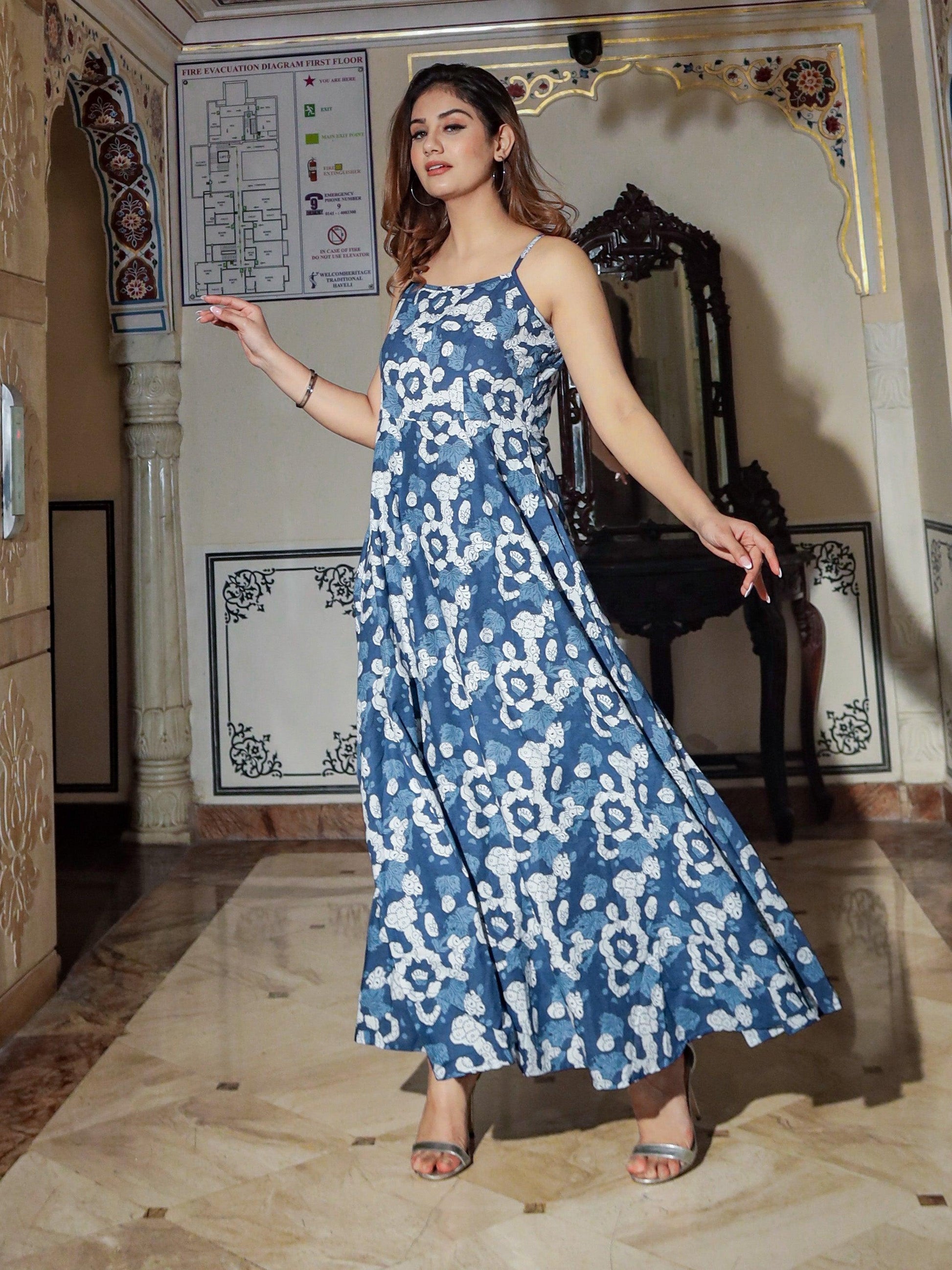 Jamal Jamaloo Indigo Print Cotton Long Dress - Jamal Jamalooworld.com