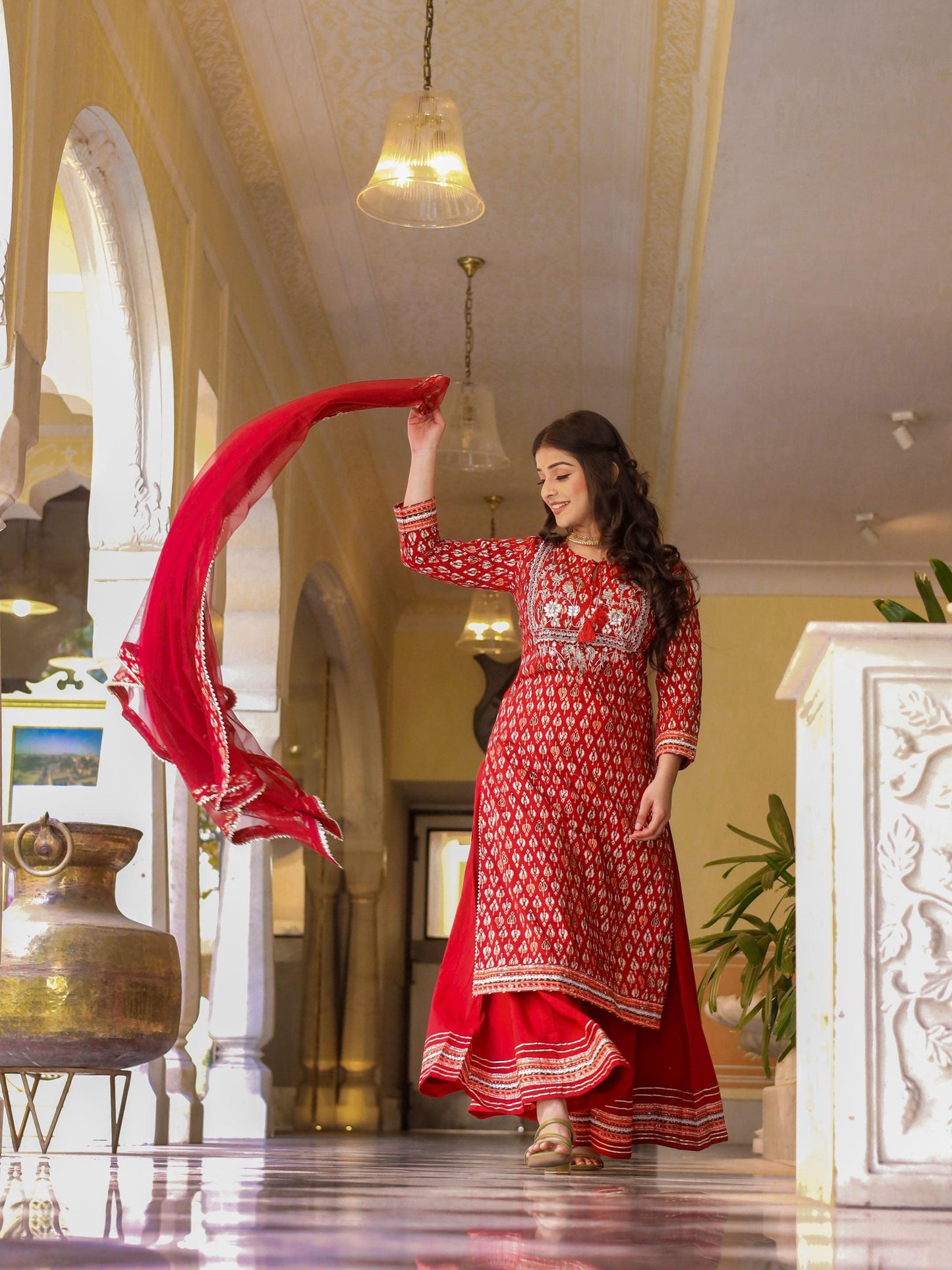 Jamal Jamaloo maroon Cotton Kurta palazzo set with net dupatta - Jamal Jamalooworld.com