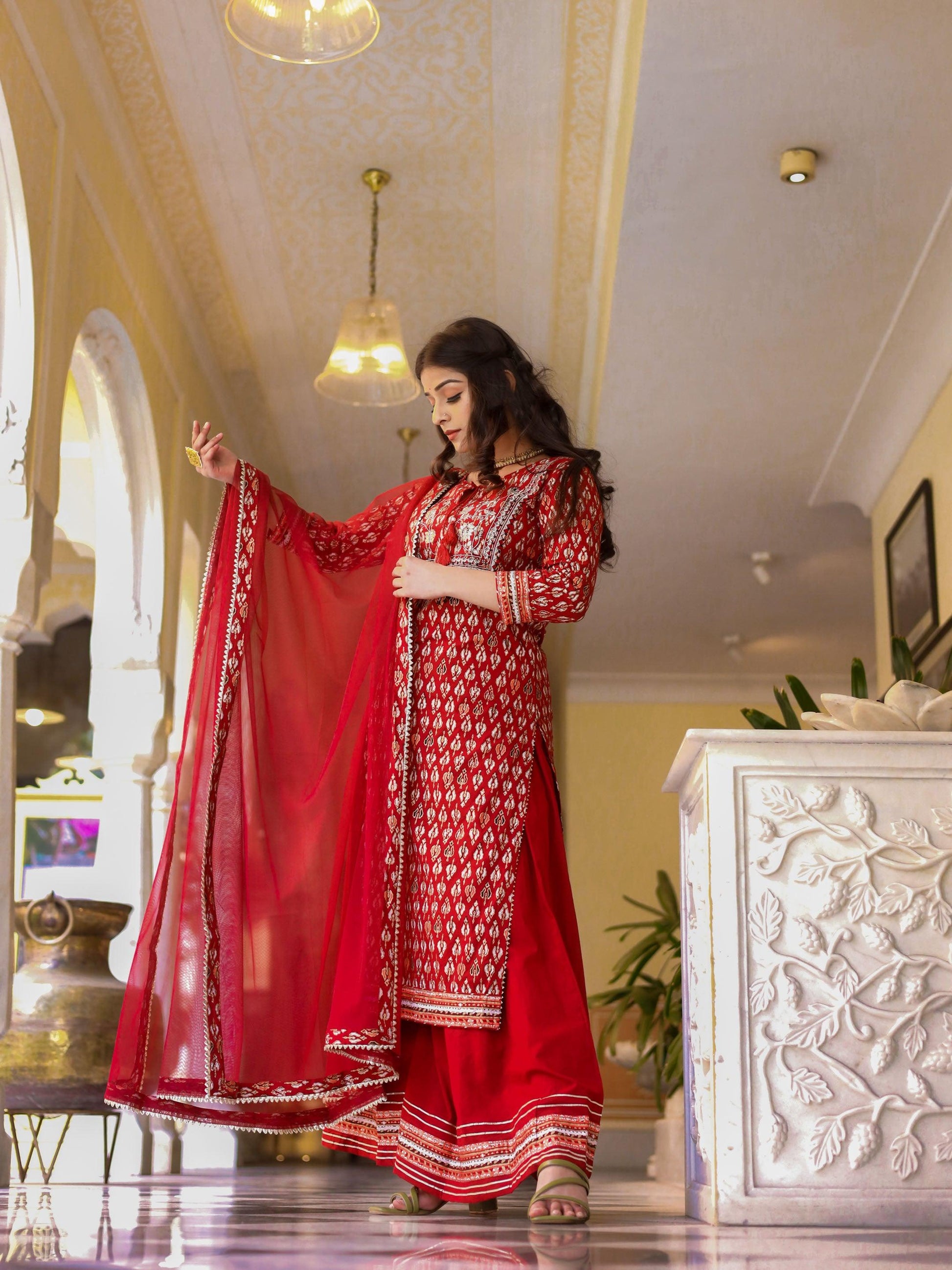Jamal Jamaloo maroon Cotton Kurta palazzo set with net dupatta - Jamal Jamalooworld.com