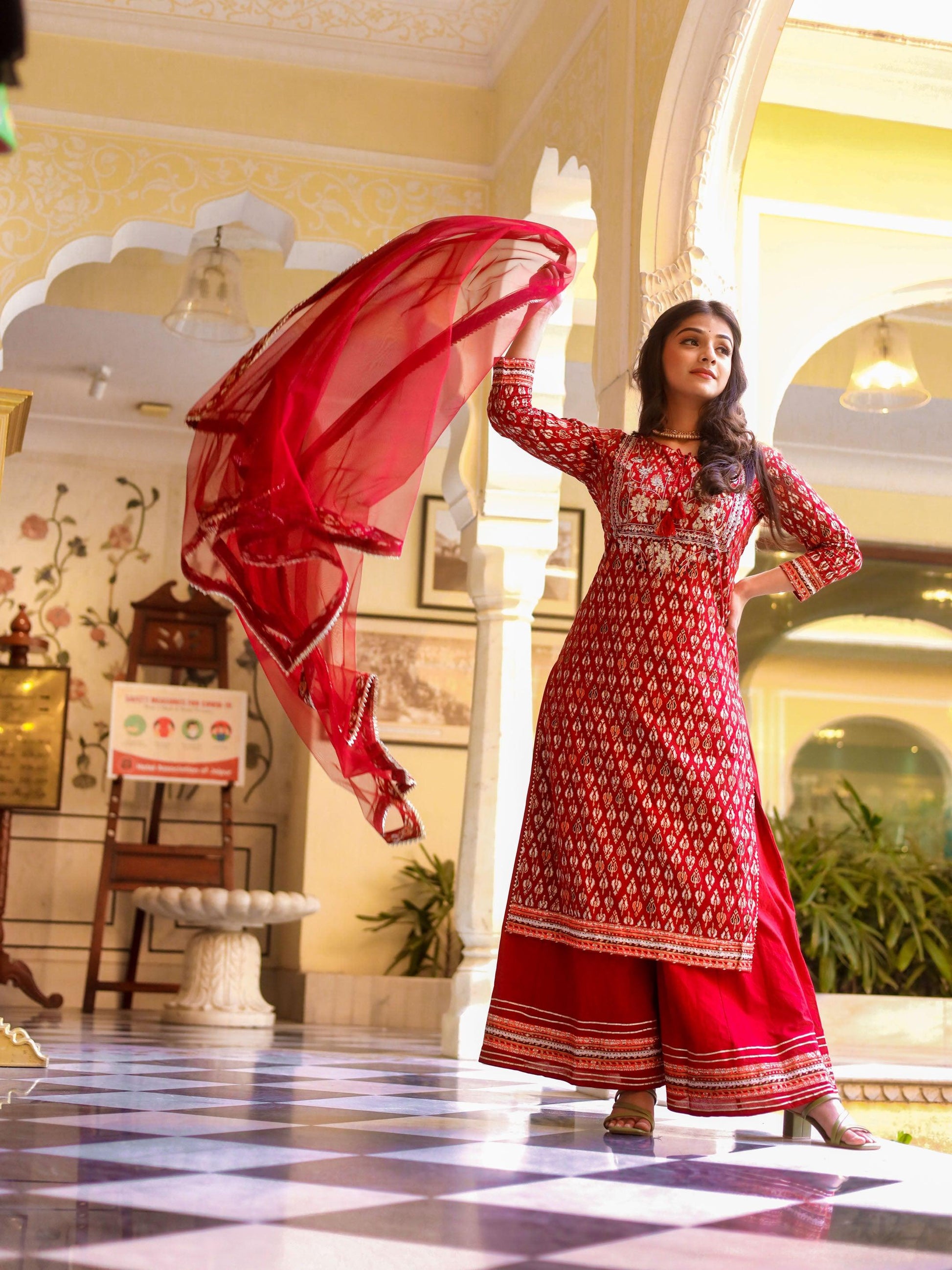 Jamal Jamaloo maroon Cotton Kurta palazzo set with net dupatta - Jamal Jamalooworld.com