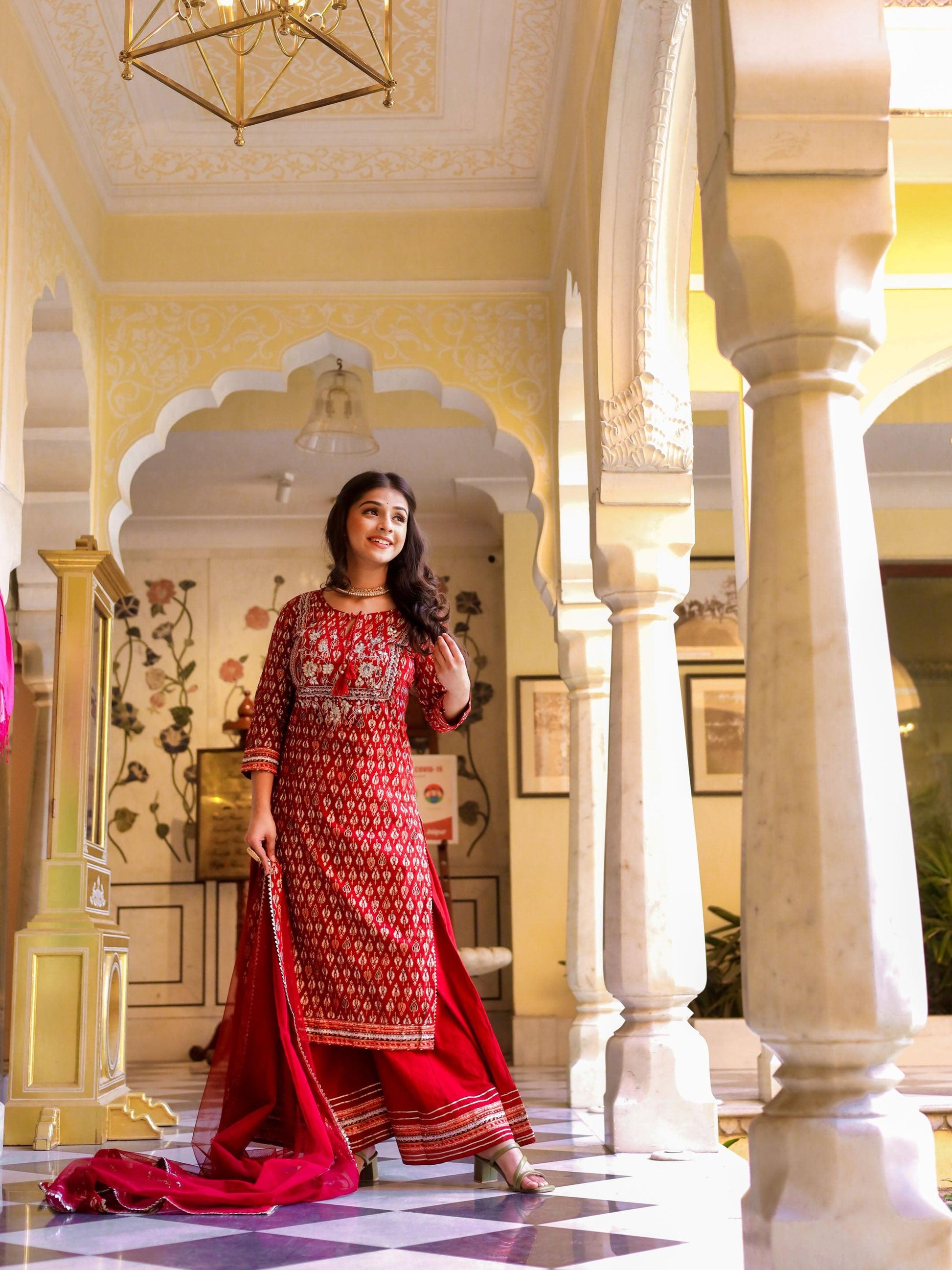 Jamal Jamaloo maroon Cotton Kurta palazzo set with net dupatta - Jamal Jamalooworld.com