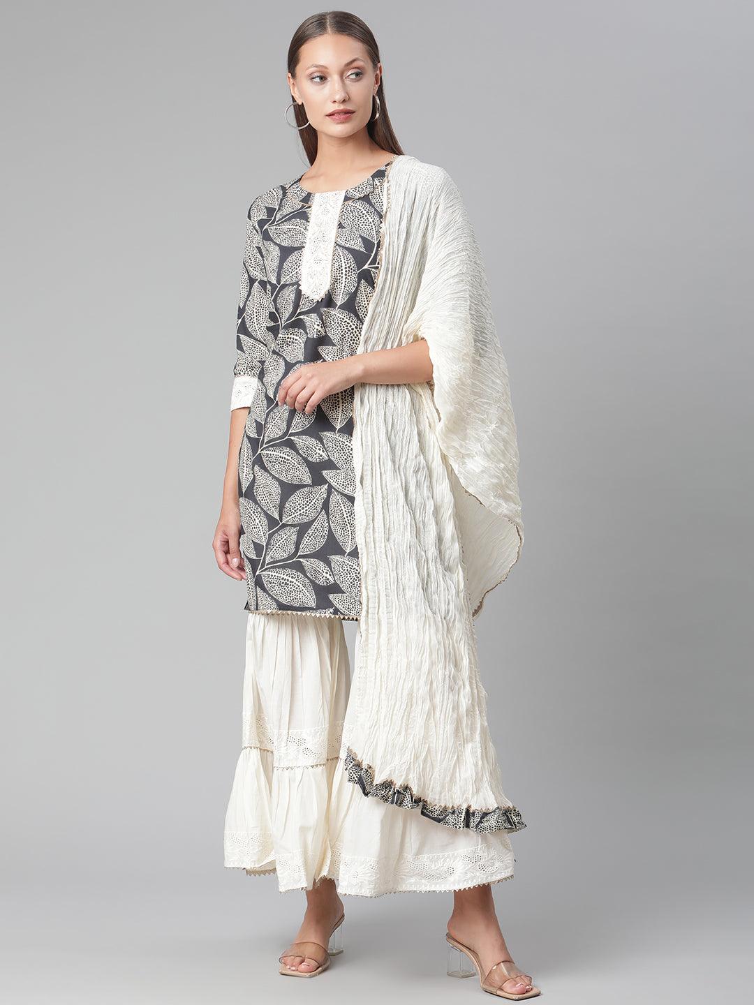 Jamal Jamaloo Printred Cotton Kurta Set With Sharara And Dupatta - Jamal Jamaloo