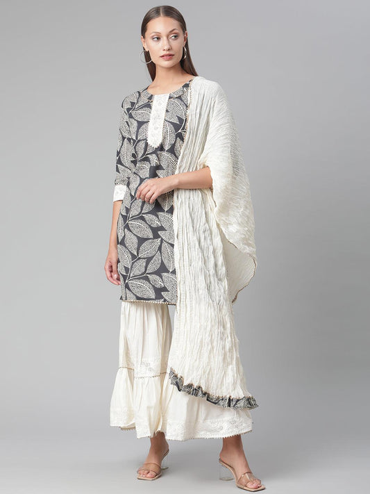 Jamal Jamaloo Printred Cotton Kurta Set With Sharara And Dupatta - Jamal Jamaloo