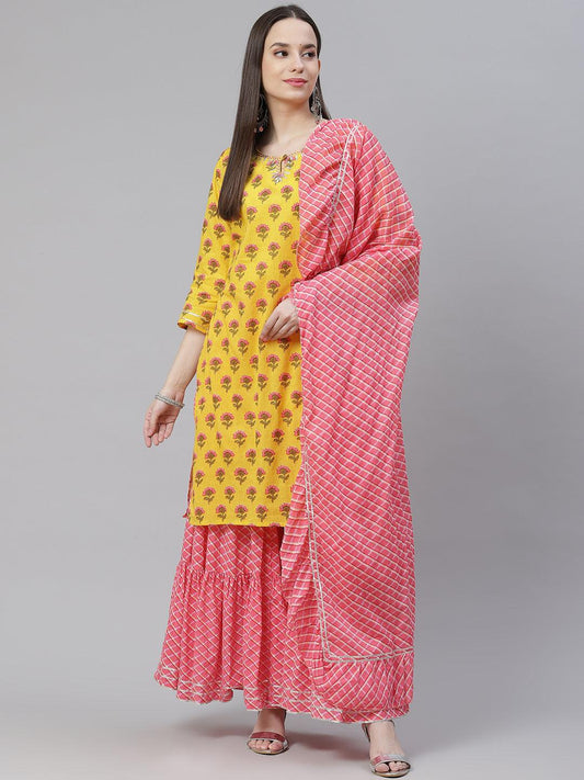 Jamal Jamaloo Yellow Printed Kurta with Lahariya Sharara and Ruffled Dupatta Set - Jamal Jamaloo