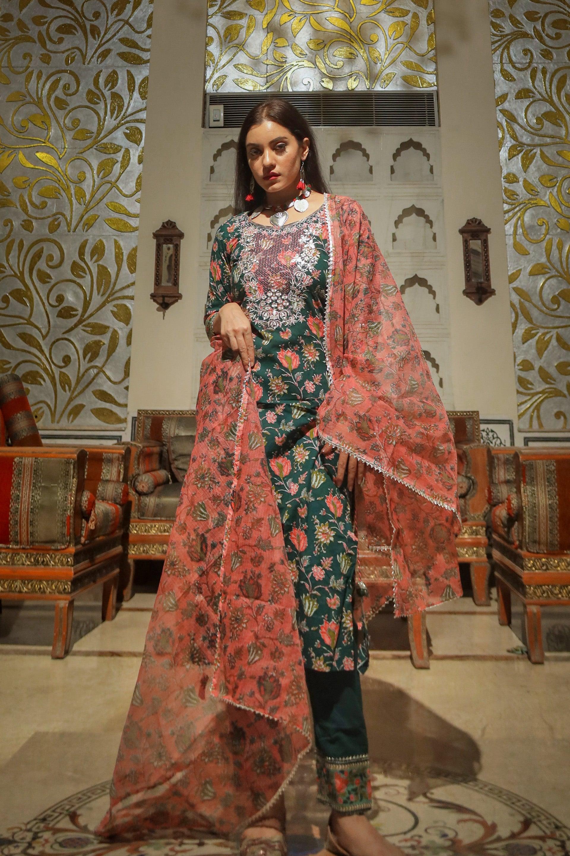 Jamal Jamaloo Green Floral Printed Kurta Pant Set with Dupatta - Jamal Jamalooworld.com