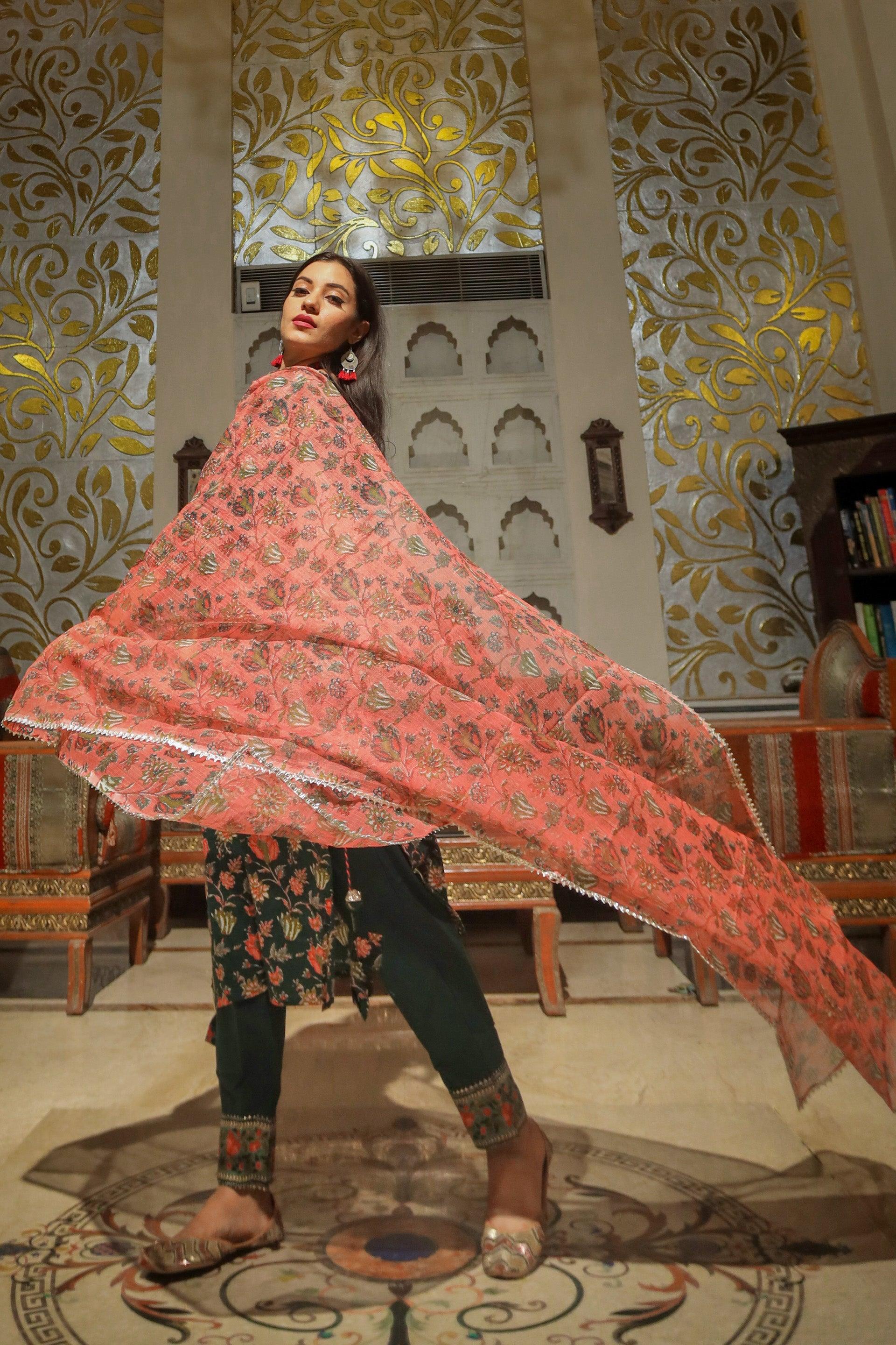 Jamal Jamaloo Green Floral Printed Kurta Pant Set with Dupatta - Jamal Jamalooworld.com