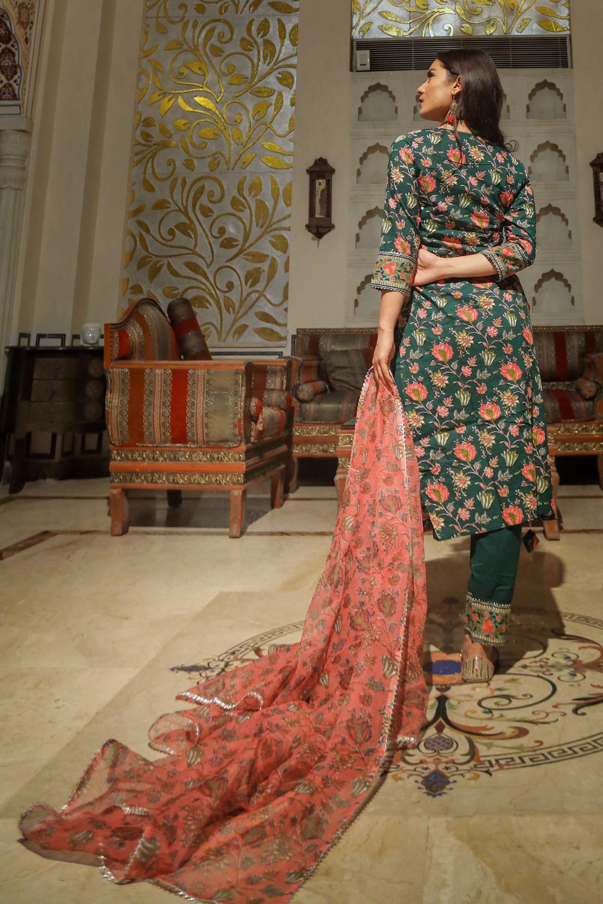 Jamal Jamaloo Green Floral Printed Kurta Pant Set with Dupatta - Jamal Jamalooworld.com