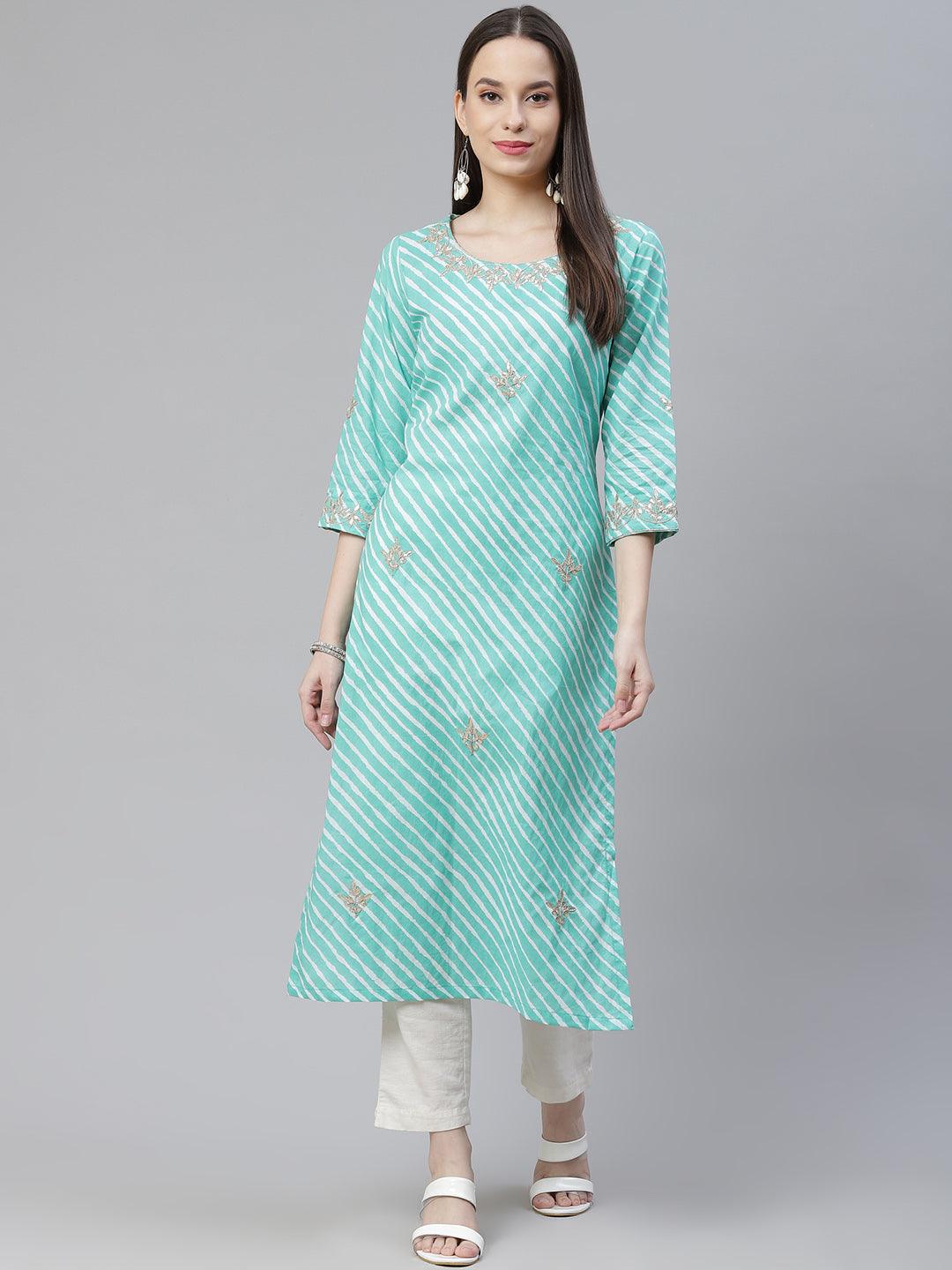 Jamal Jamaloo Green Leheriya Cotton Gota Patti Straight Kurta - Jamal Jamaloo
