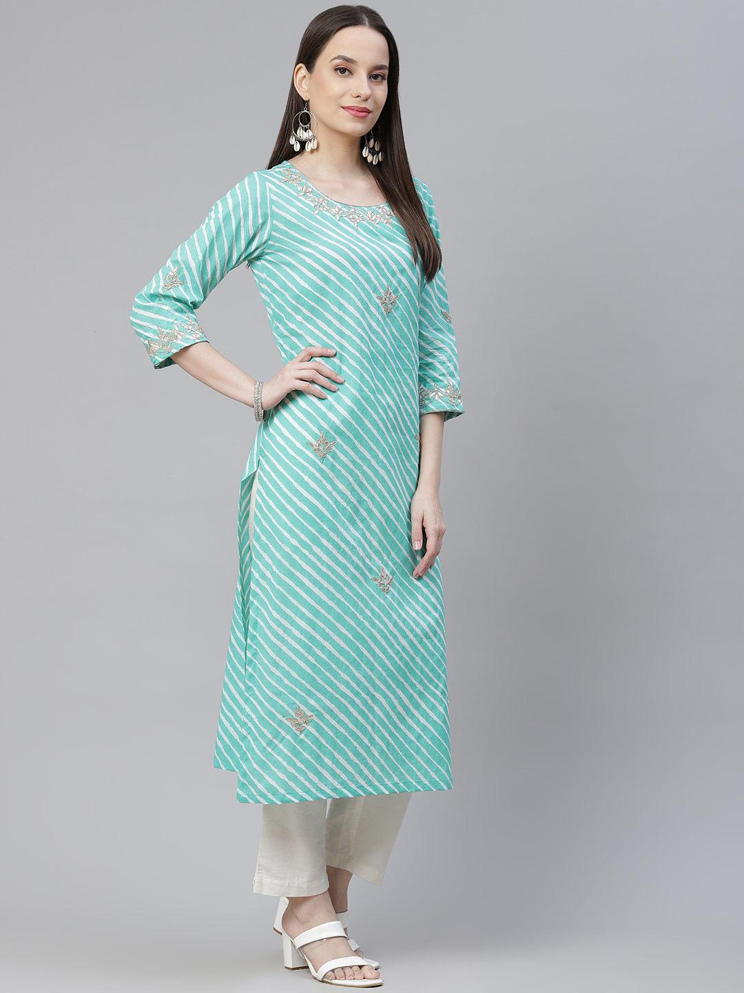 Jamal Jamaloo Green Leheriya Cotton Gota Patti Straight Kurta - Jamal Jamaloo