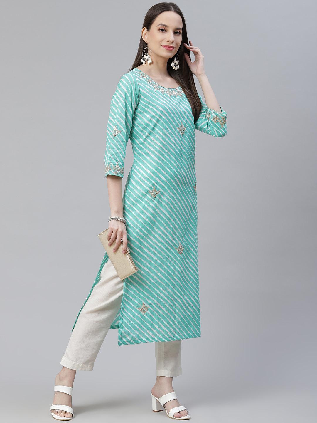 Jamal Jamaloo Green Leheriya Cotton Gota Patti Straight Kurta - Jamal Jamaloo