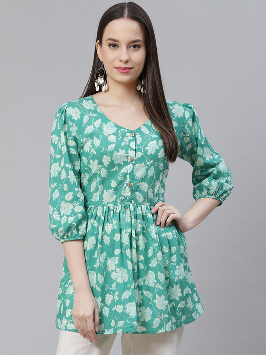 Jamal Jamaloo Sea green Floral Printed Peplum Cotton top - Jamal Jamaloo