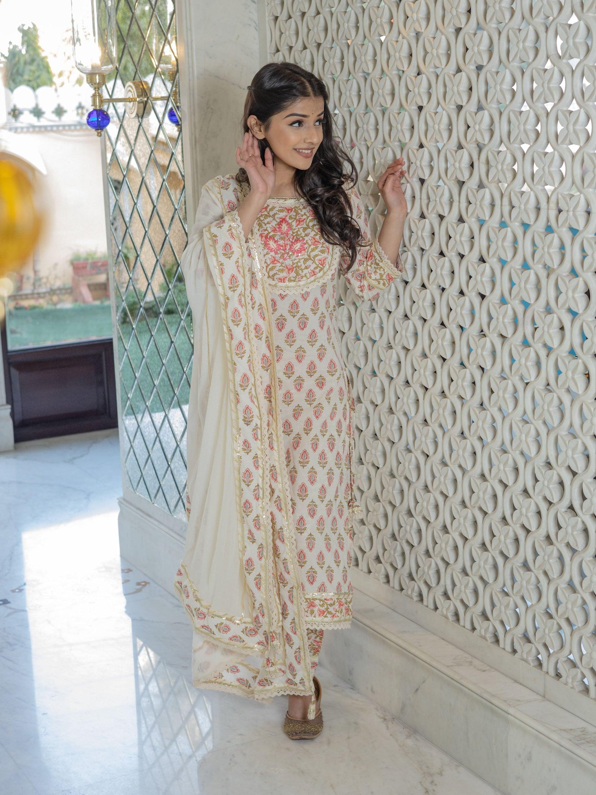 Jamal Jamaloo Off white Cotton Straight Kurta Pant set with Dupatta - Jamal Jamalooworld.com