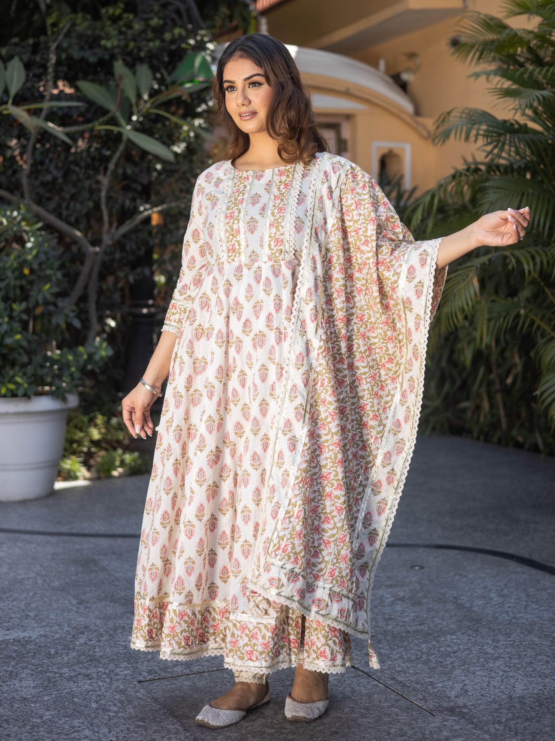 Jamal Jamaloo Cream Floral Anarkali Cotton Kurta Palazzo set with Dupatta - Jamal Jamalooworld.com