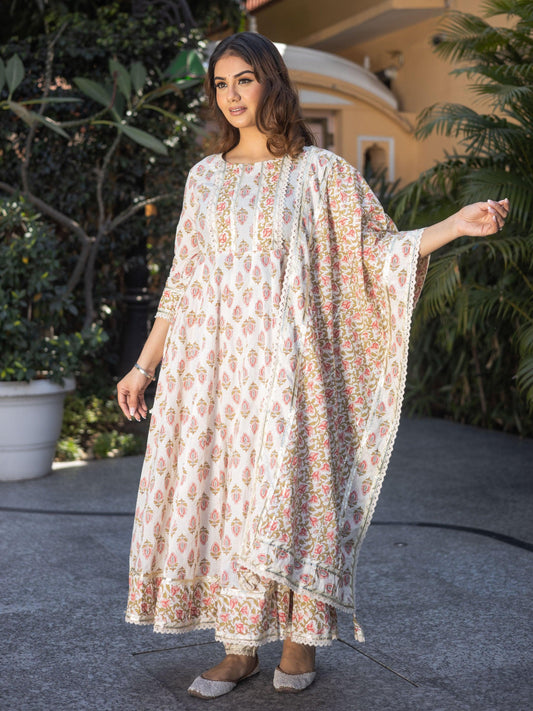 Jamal Jamaloo Cream Floral Anarkali Cotton Kurta Palazzo set with Dupatta - Jamal Jamalooworld.com
