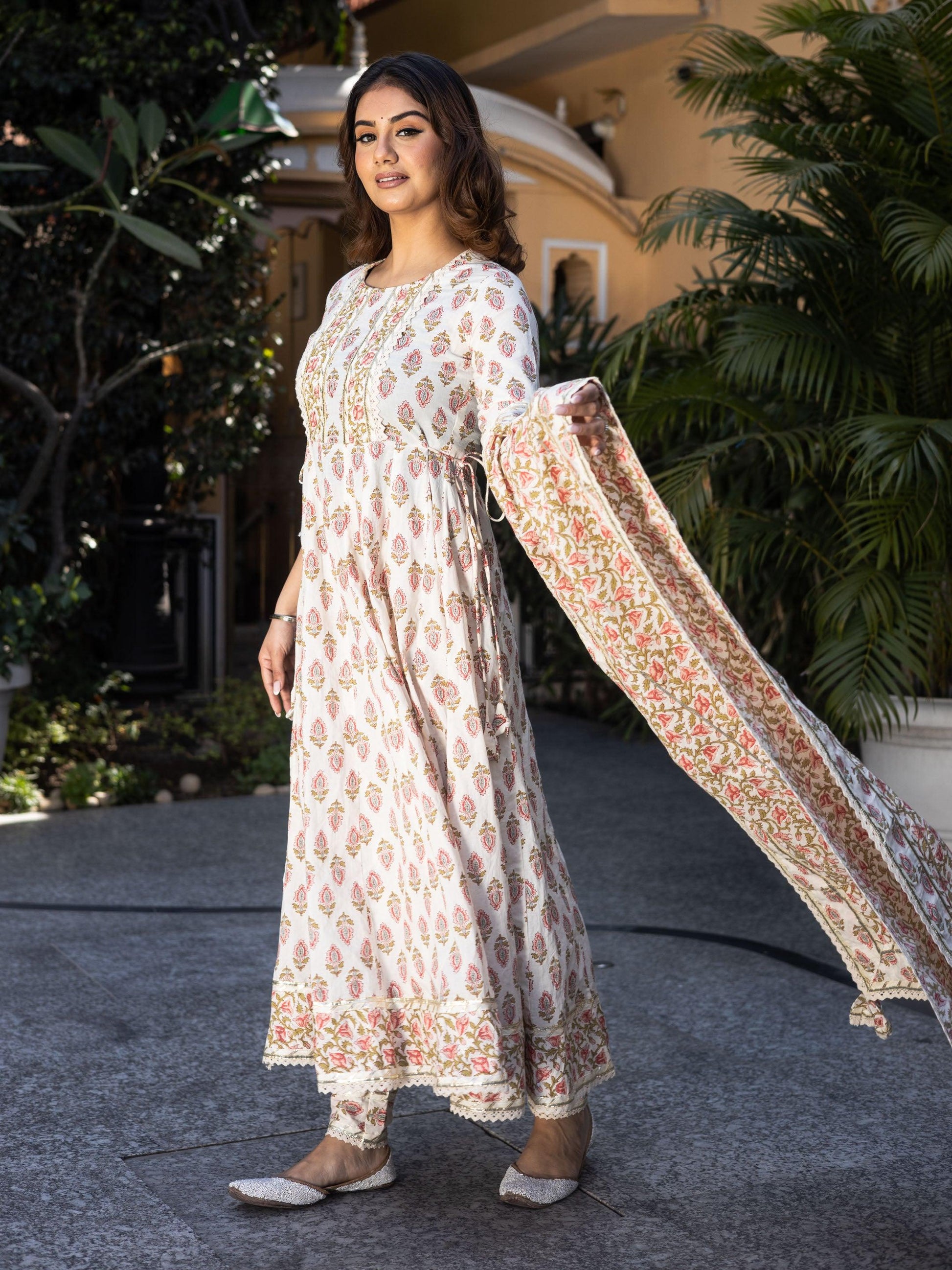 Jamal Jamaloo Cream Floral Anarkali Cotton Kurta Palazzo set with Dupatta - Jamal Jamalooworld.com