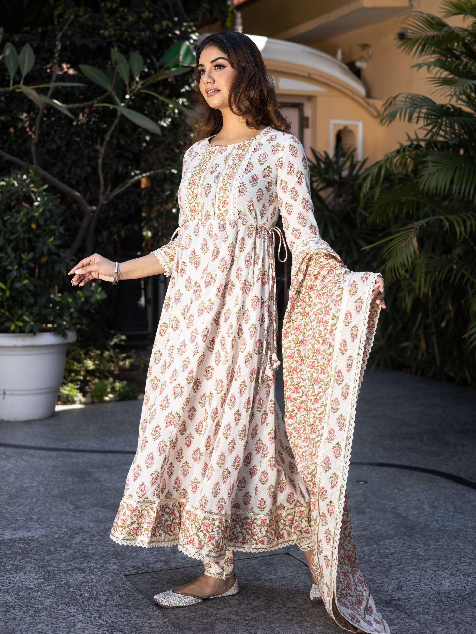 Jamal Jamaloo Cream Floral Anarkali Cotton Kurta Palazzo set with Dupatta - Jamal Jamalooworld.com
