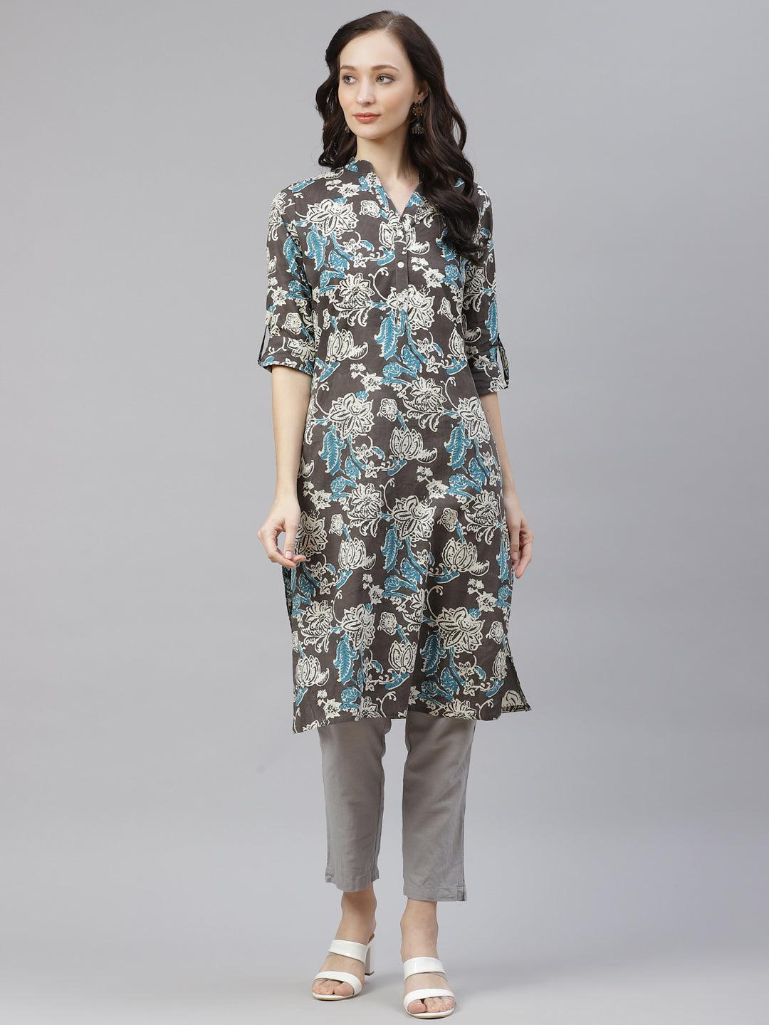 Jamal Jamaloo Brown Floral printed Straight kurta - Jamal Jamaloo