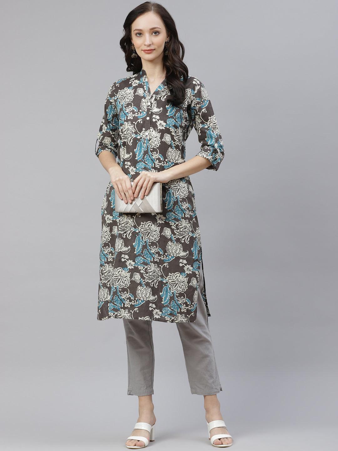 Jamal Jamaloo Brown Floral printed Straight kurta - Jamal Jamaloo
