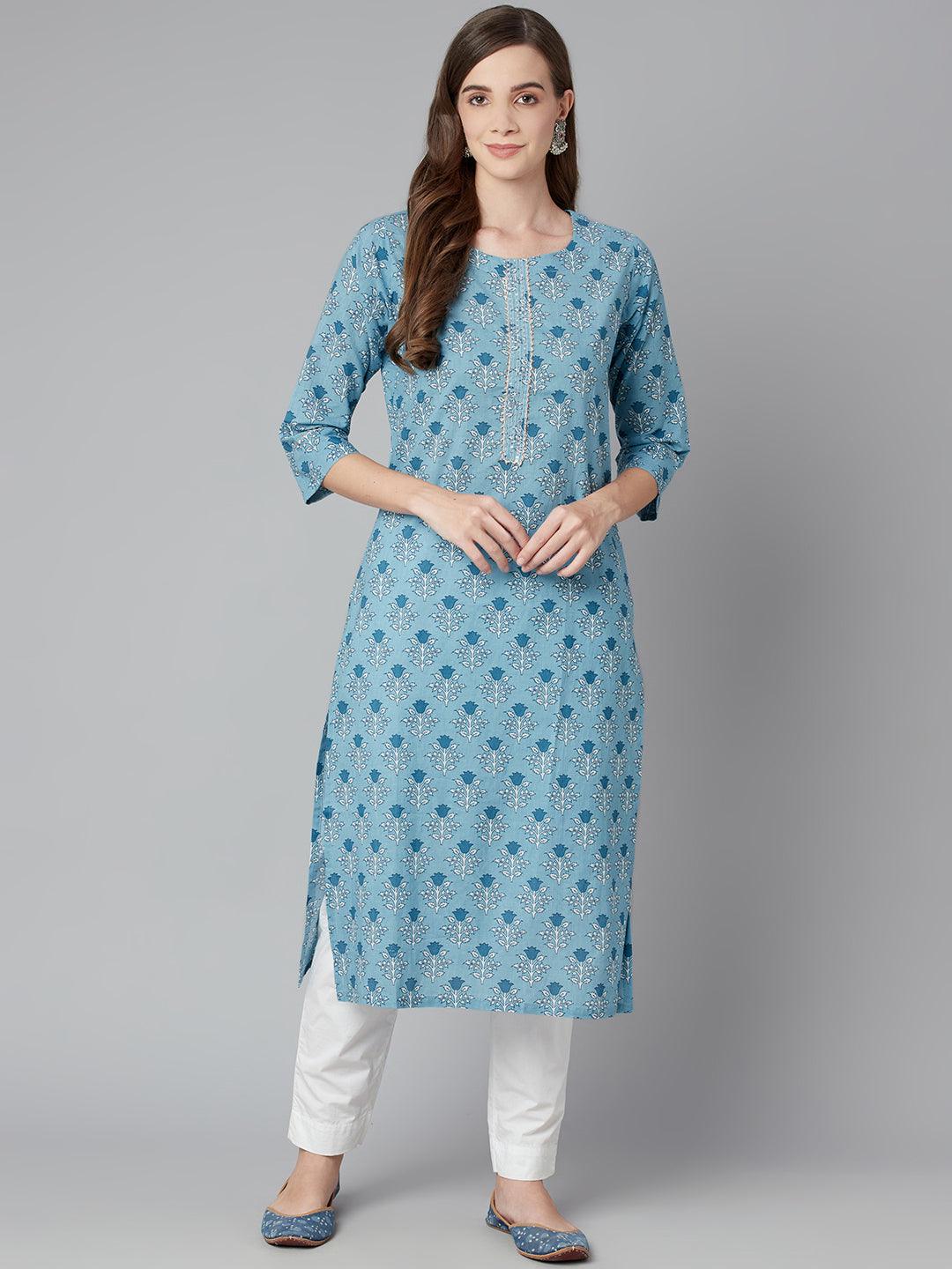 Jamal Jamaloo Sky blue Floral Straight Kurta - Jamal Jamaloo