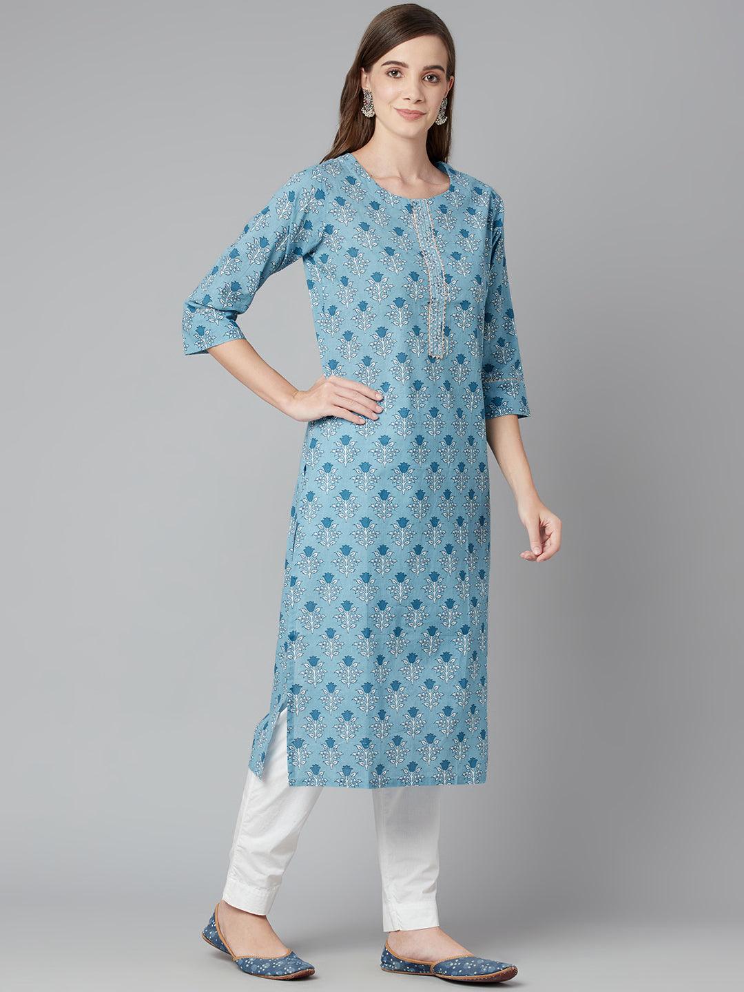 Jamal Jamaloo Sky blue Floral Straight Kurta - Jamal Jamaloo