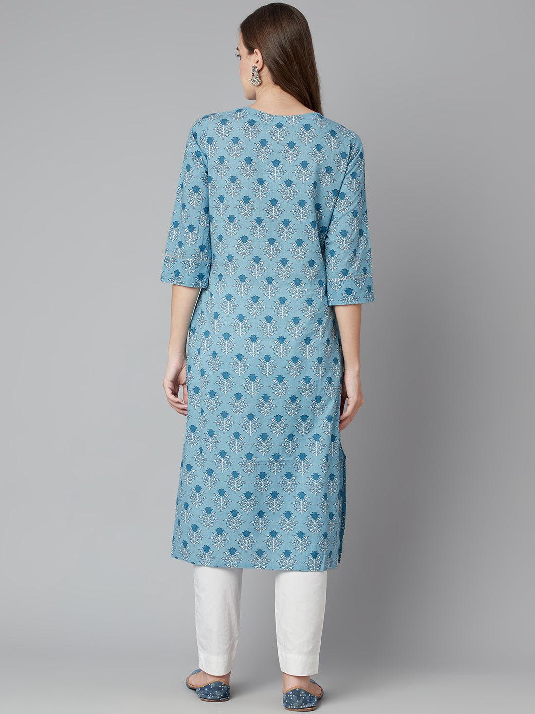 Jamal Jamaloo Sky blue Floral Straight Kurta - Jamal Jamaloo