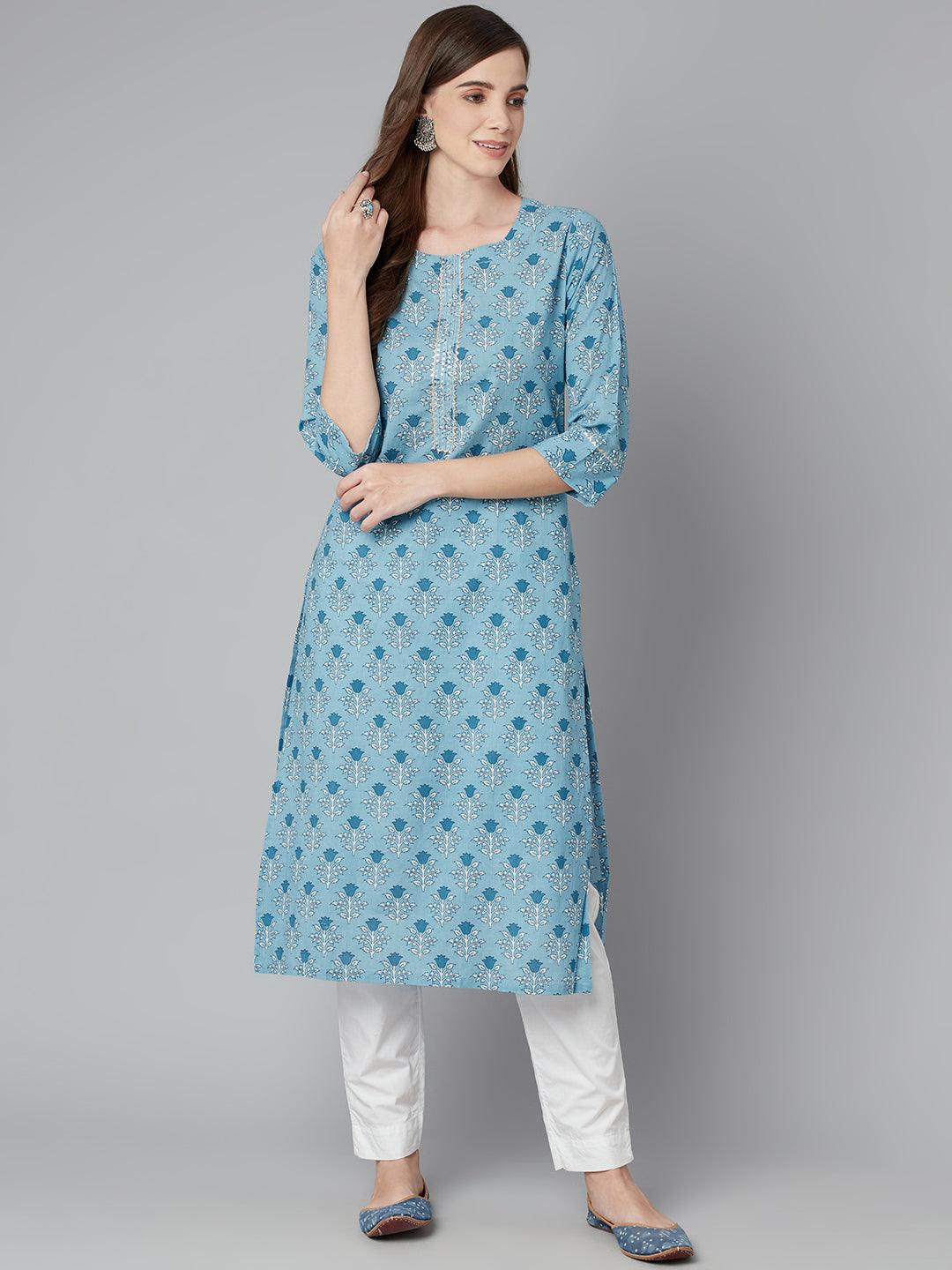 Jamal Jamaloo Sky blue Floral Straight Kurta - Jamal Jamaloo