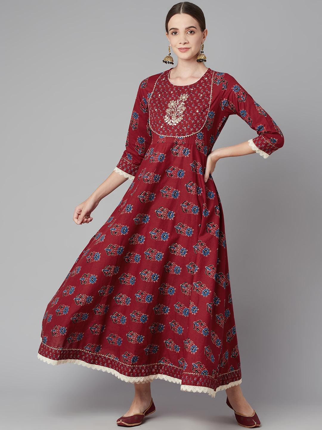 Jamal Jamaloo Red Floral Anarkali Cotton Kurta pant set with dupatta - Jamal Jamaloo