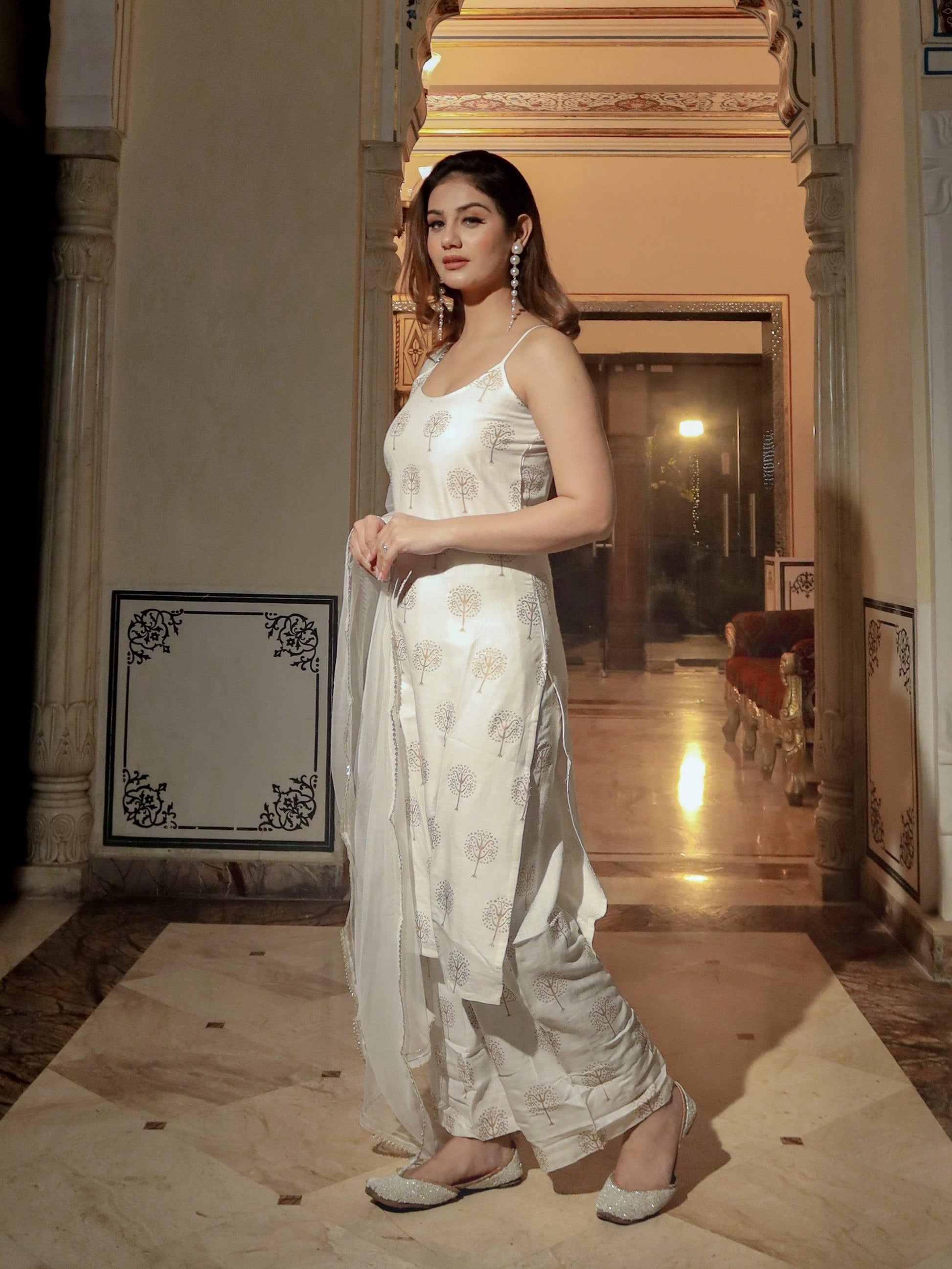 Jamal Jamaloo white shoulder strip Kurta Palazoo set with net Dupatta - Jamal Jamalooworld.com