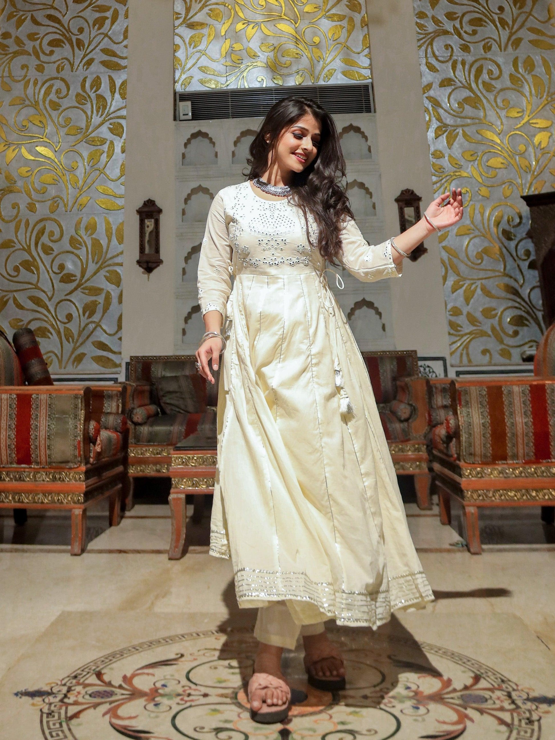 Jamal Jamaloo Off White Cotton Anarkali kurta Pant Set - Jamal Jamalooworld.com