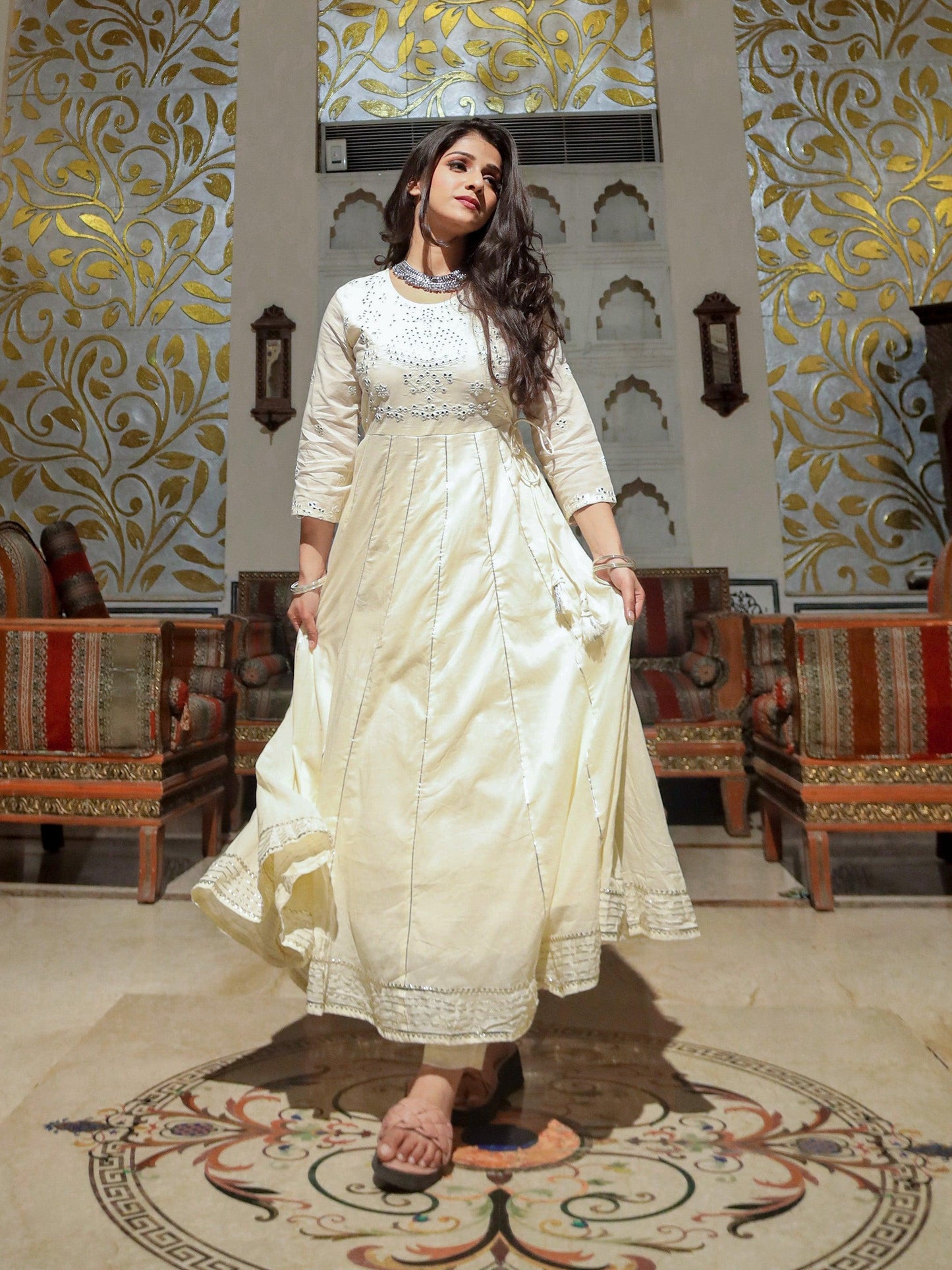 Jamal Jamaloo Off White Cotton Anarkali kurta Pant Set - Jamal Jamalooworld.com
