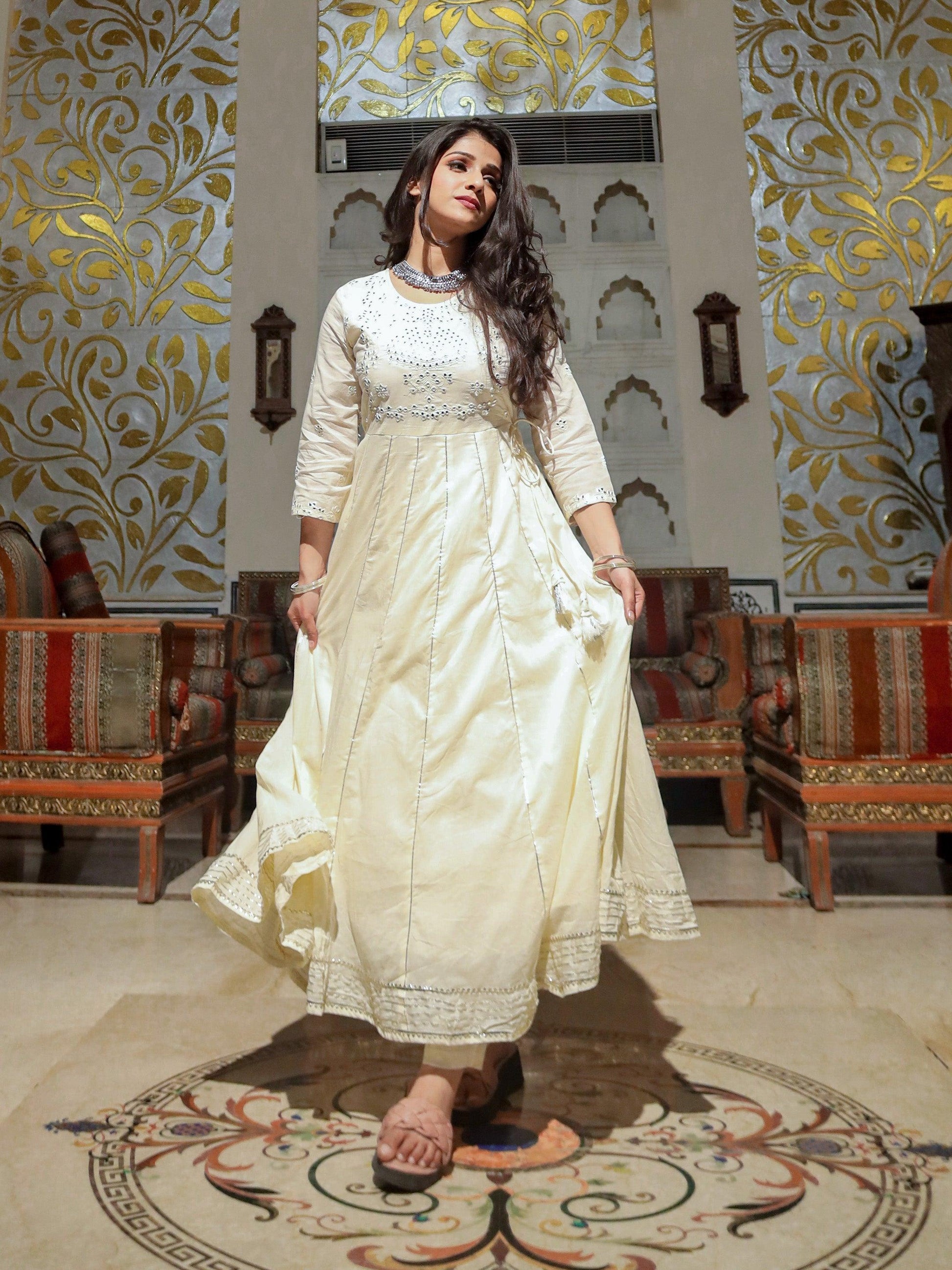 Jamal Jamaloo Off White Cotton Anarkali kurta Pant Set - Jamal Jamalooworld.com