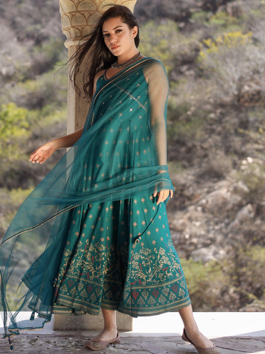 Jamal Jamaloo Rama green Rayon Shoulder Strip Anarkali Kurta with Net Dupatta - Jamal Jamalooworld.com