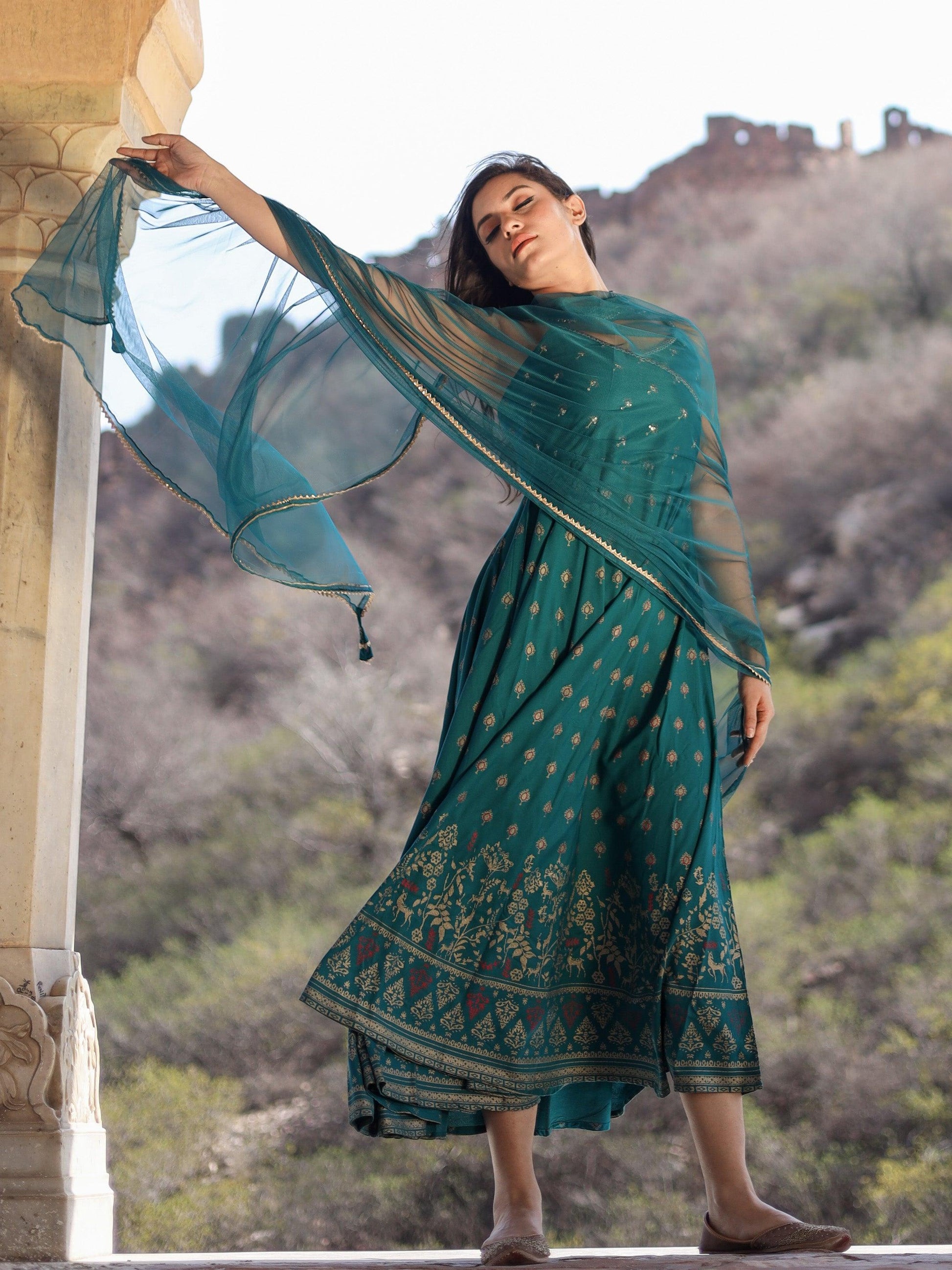 Jamal Jamaloo Rama green Rayon Shoulder Strip Anarkali Kurta with Net Dupatta - Jamal Jamalooworld.com