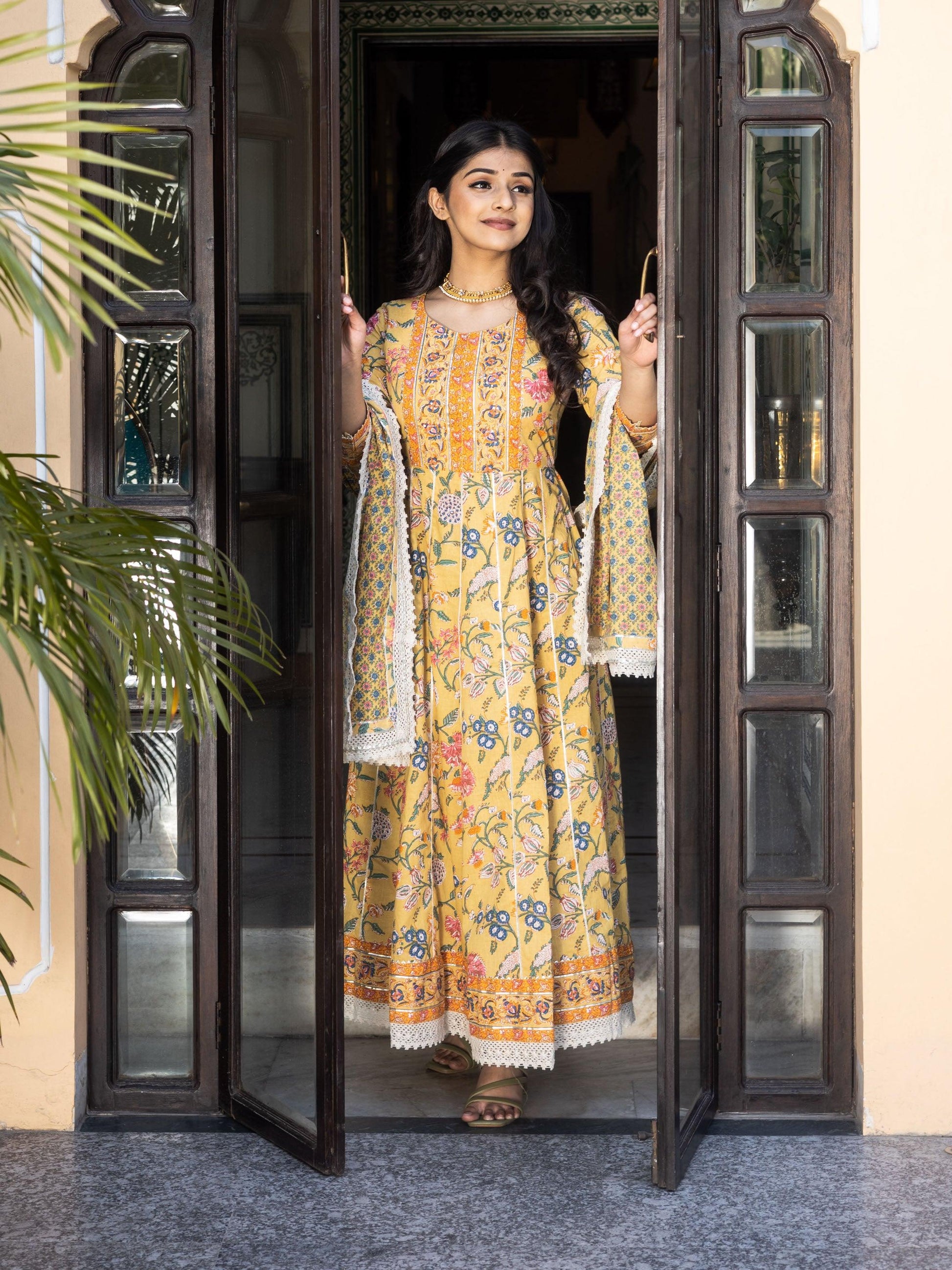 Jamal Jamaloo Yellow Floral anarkali Pant Set with Dupatta - Jamal Jamalooworld.com