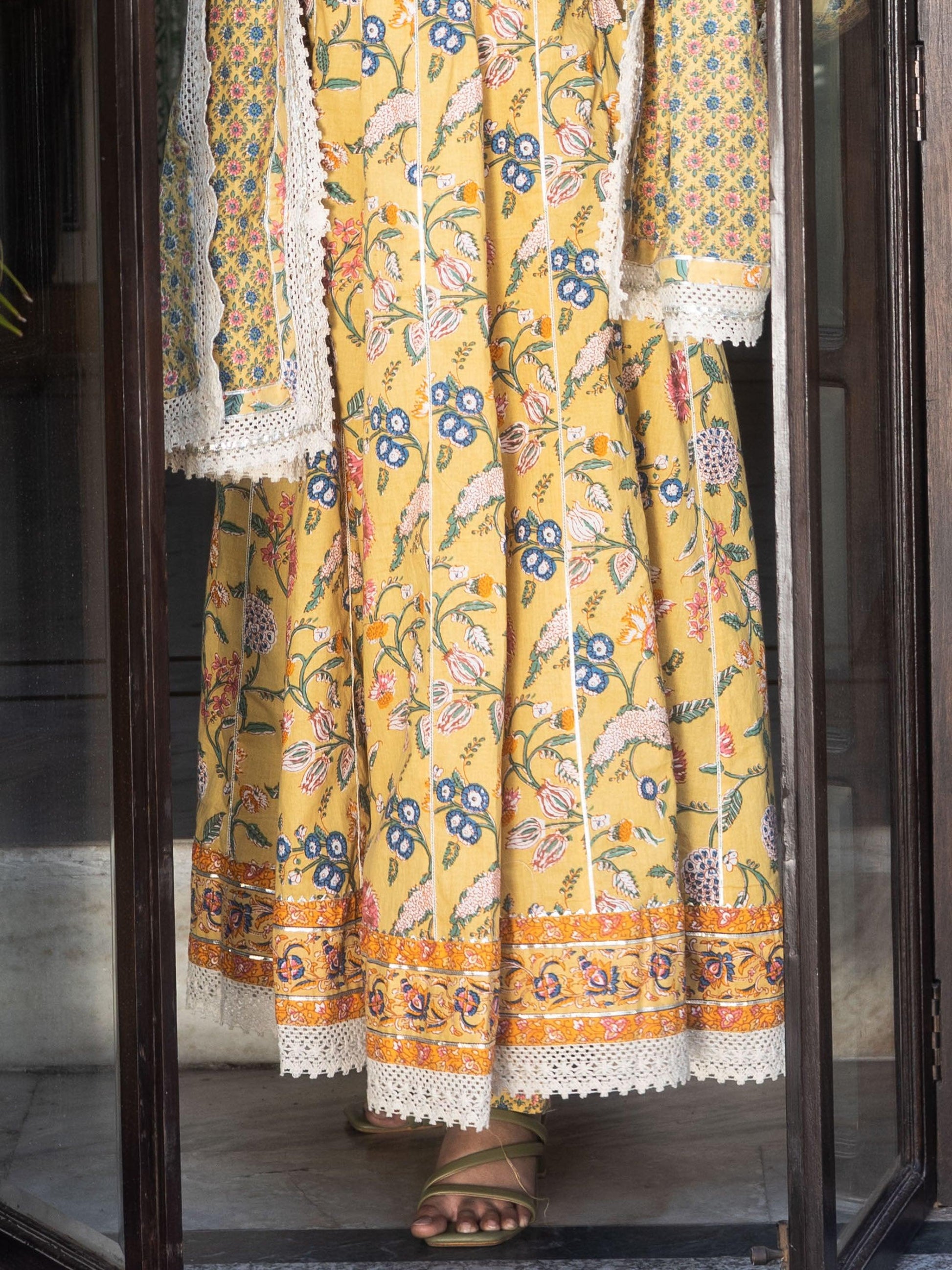 Jamal Jamaloo Yellow Floral anarkali Pant Set with Dupatta - Jamal Jamalooworld.com