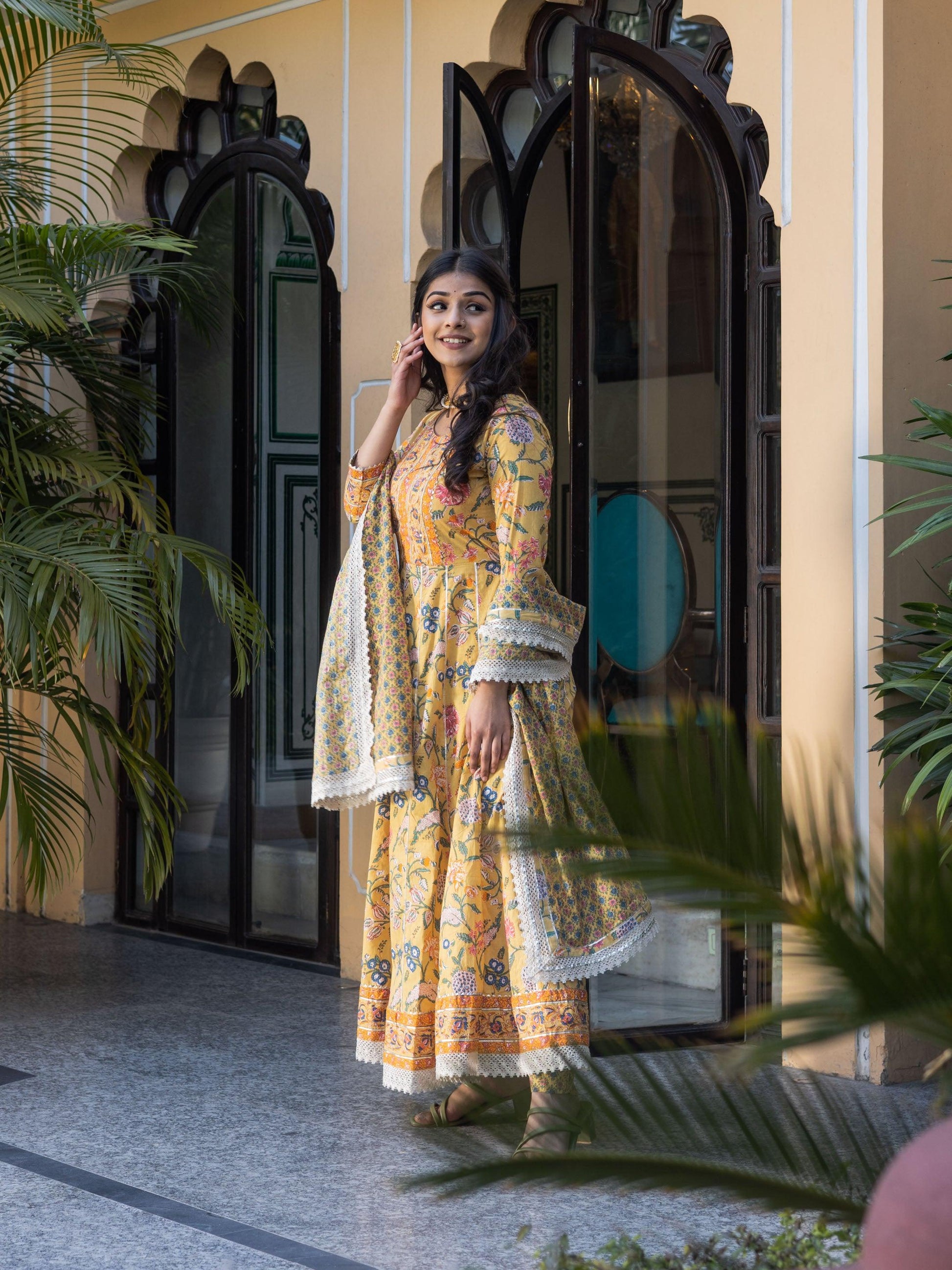 Jamal Jamaloo Yellow Floral anarkali Pant Set with Dupatta - Jamal Jamalooworld.com