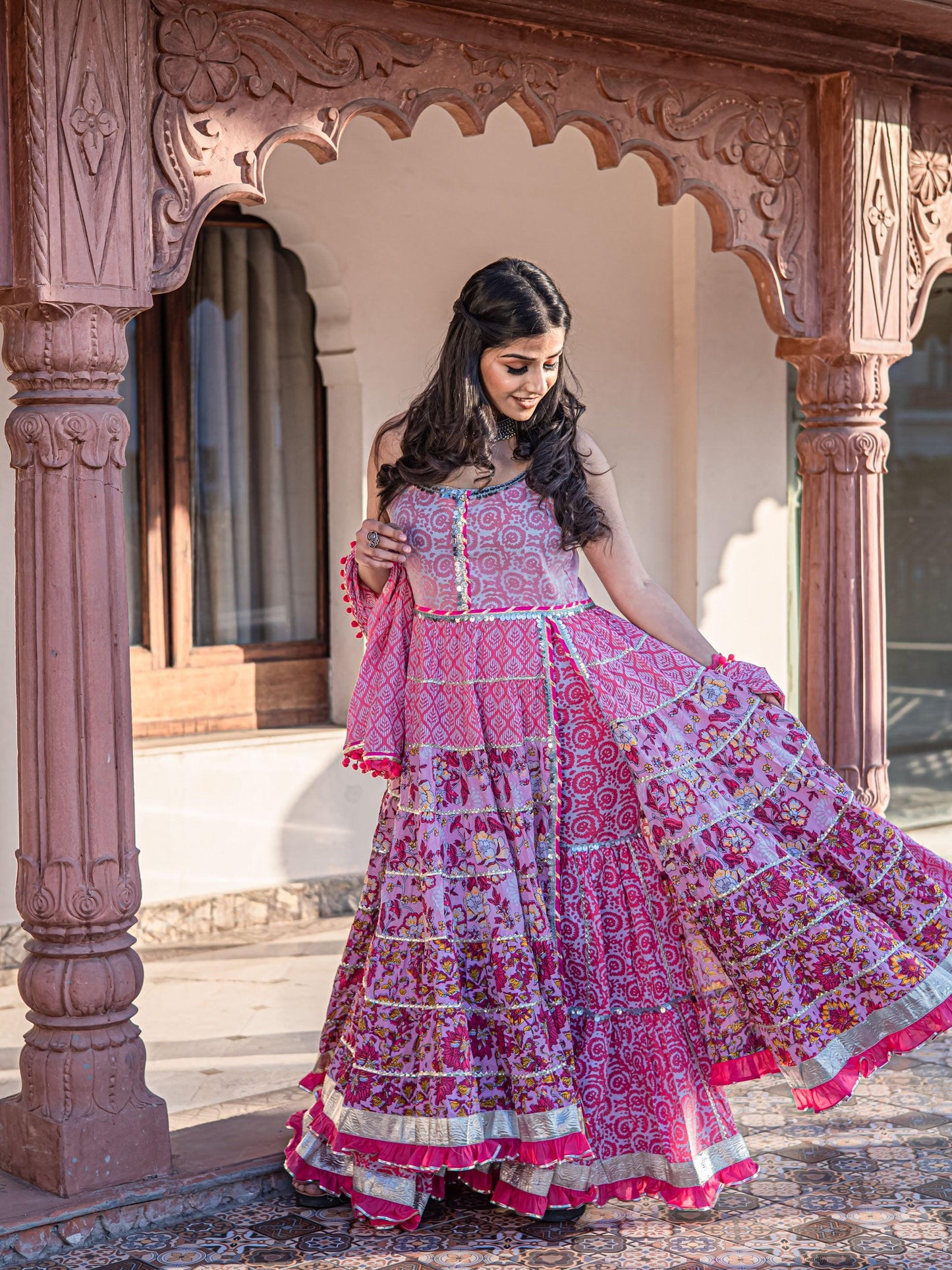 Jamal Jamaloo Pink Cotton Sleeves less Anarkali Sharara set with Dupatta - Jamal Jamalooworld.com