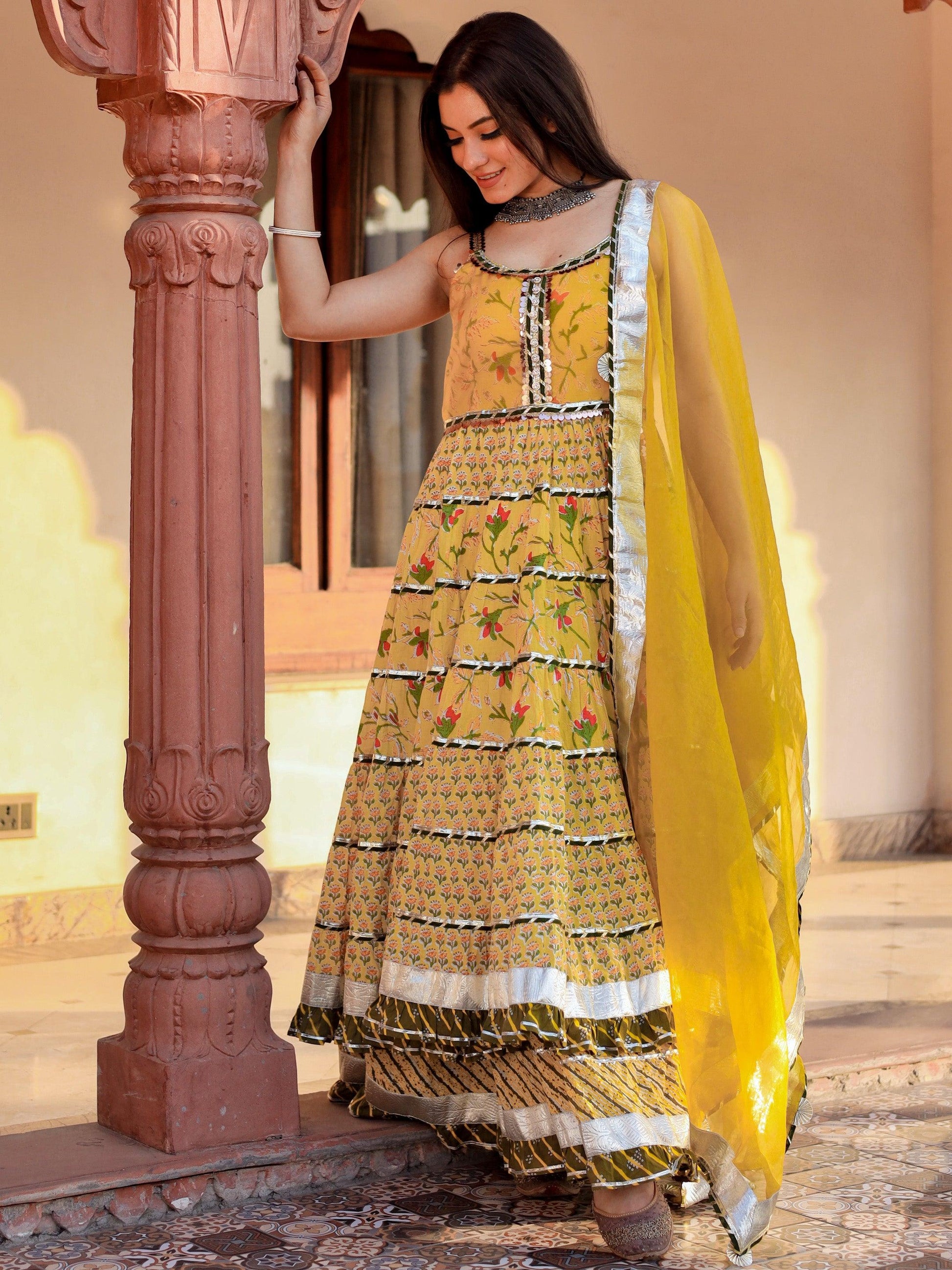 Jamal Jamaloo Yellow Cotton Sleeves less anarkali Skirt Set With Dupatta - Jamal Jamalooworld.com